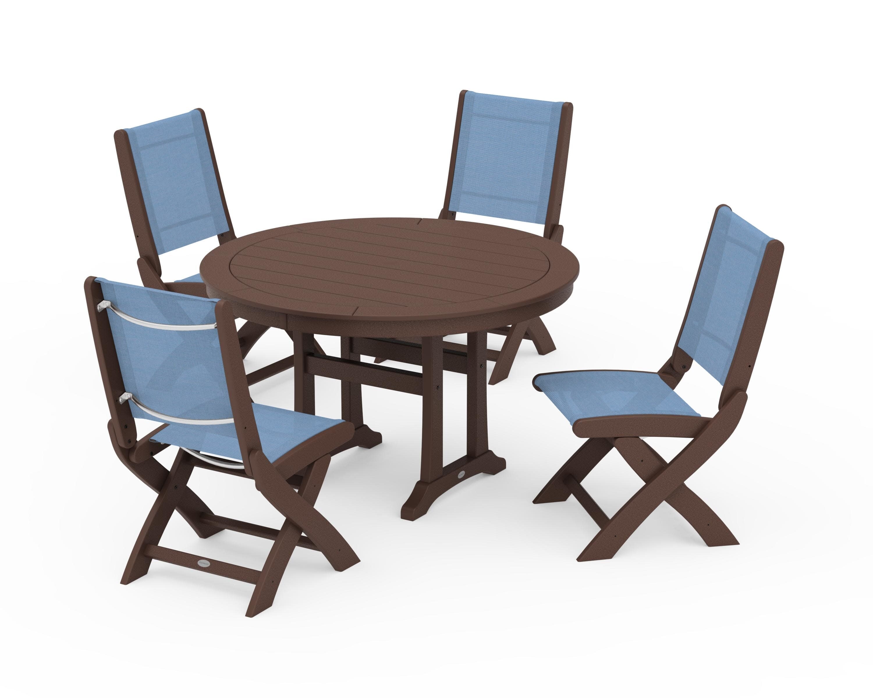 Coastal Folding Side Chair 5-Piece Round Dining Set With Trestle Legs in Mahogany / Poolside Sling