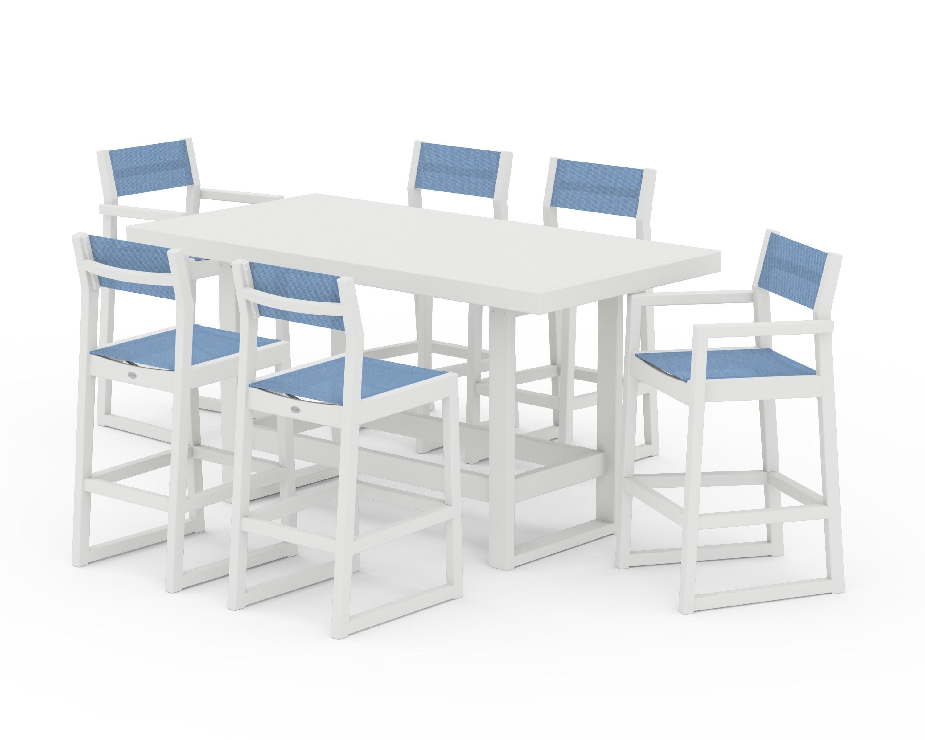 EDGE Sling 7-Piece Bar Table Set in Vintage White / Poolside Sling