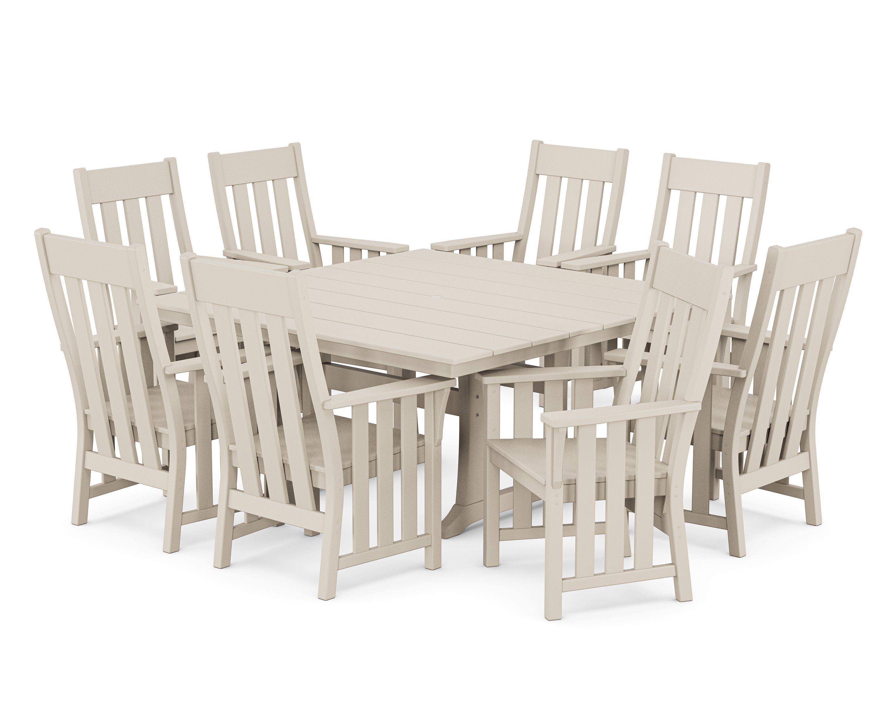 Acadia 9-Piece Square Farmhouse Dining Set with Trestle Legs in Sand