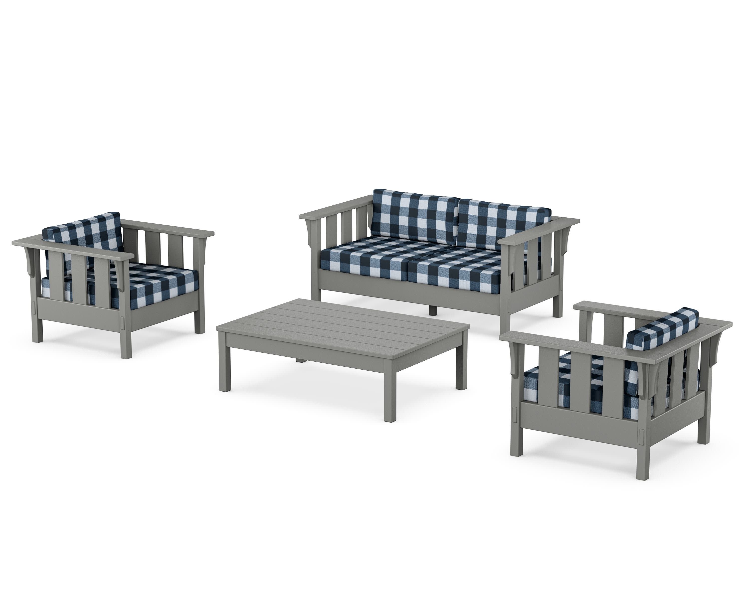 Acadia 4-Piece Deep Seating Set with Loveseat in Slate Grey / Buffalo Plaid Marine Indigo