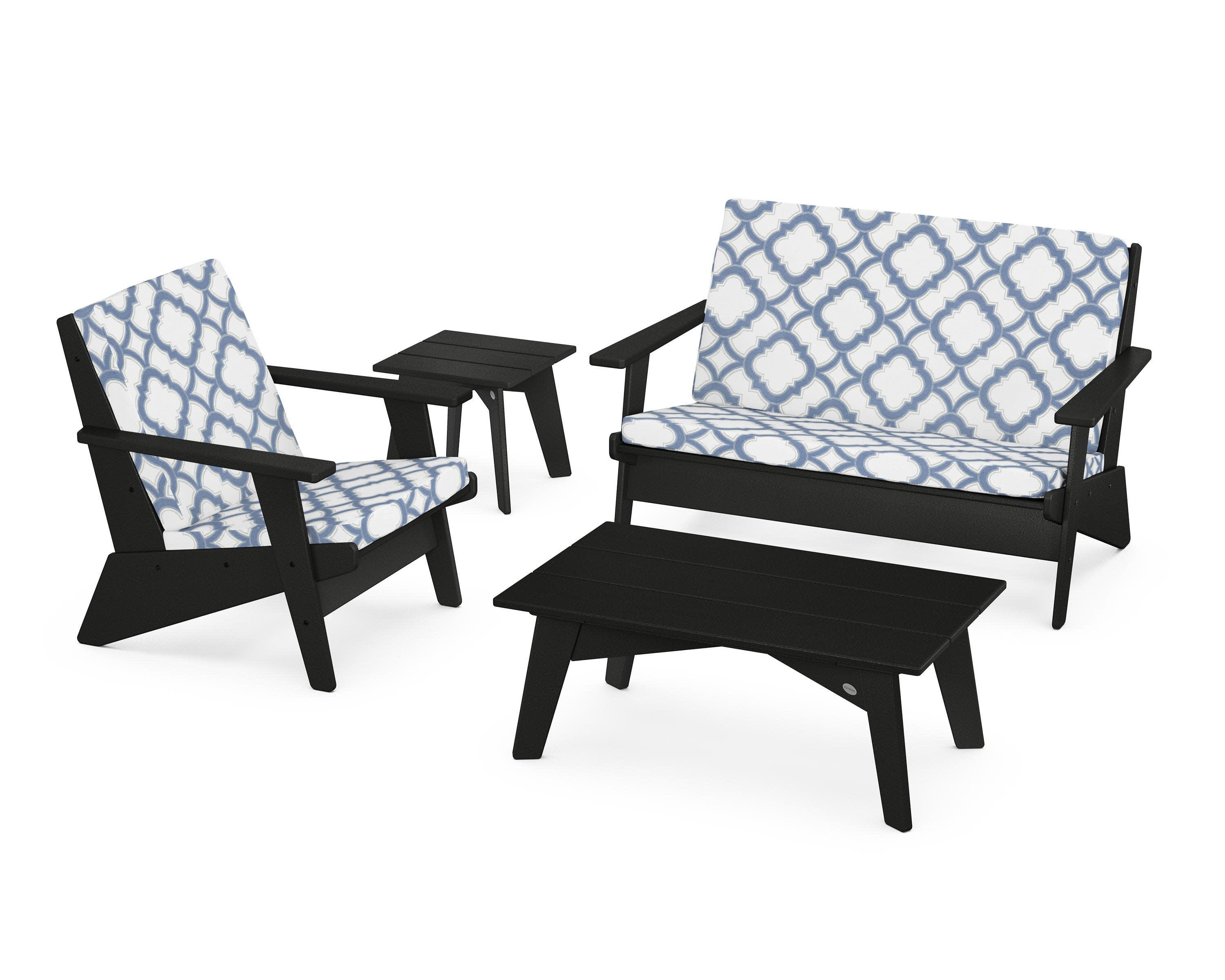 Riviera Modern Lounge 4-Piece Set in Black / Trellis Sky Blue
