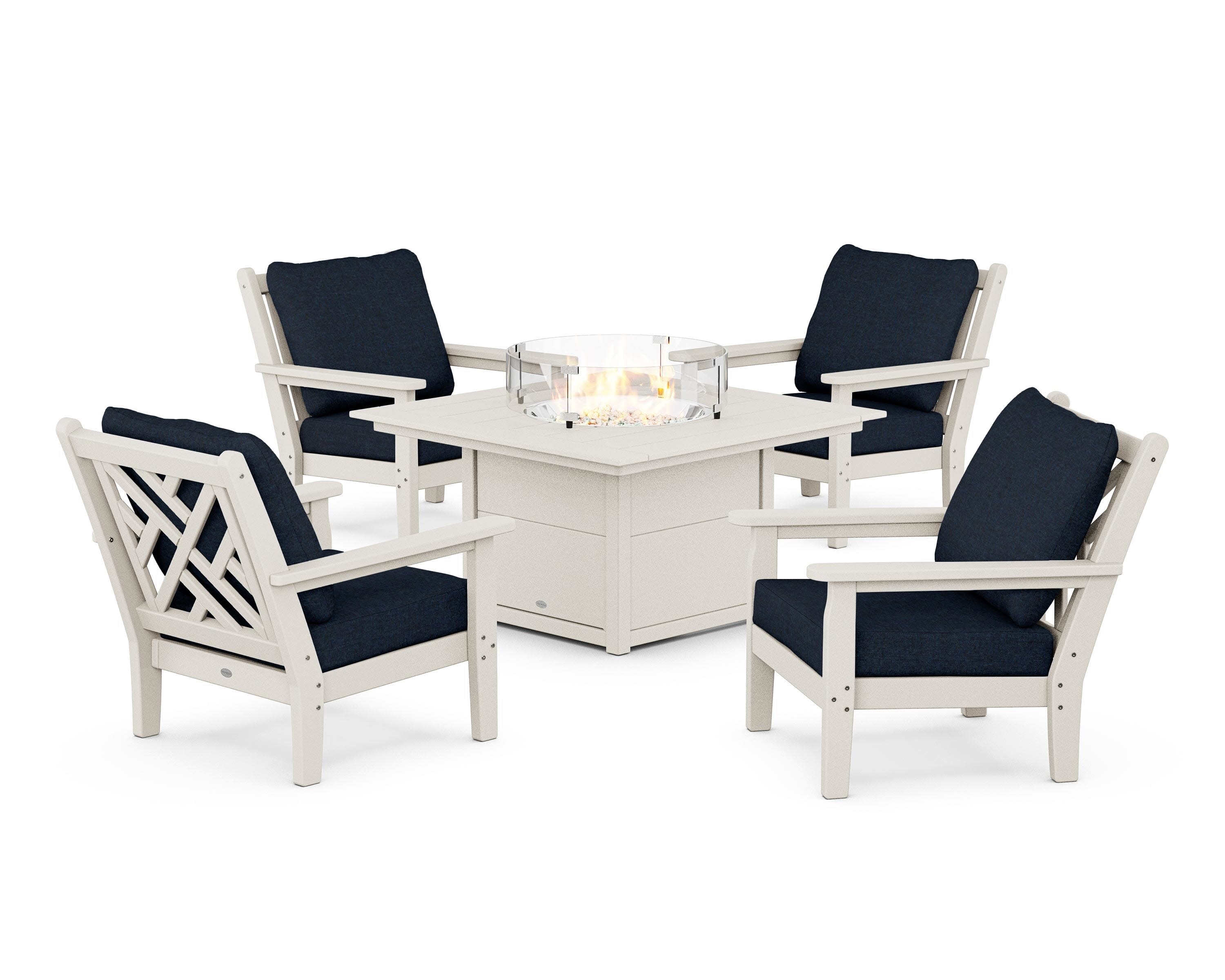 Chippendale 5-Piece Deep Seating Set with Fire Pit Table in Sand / Marine Indigo