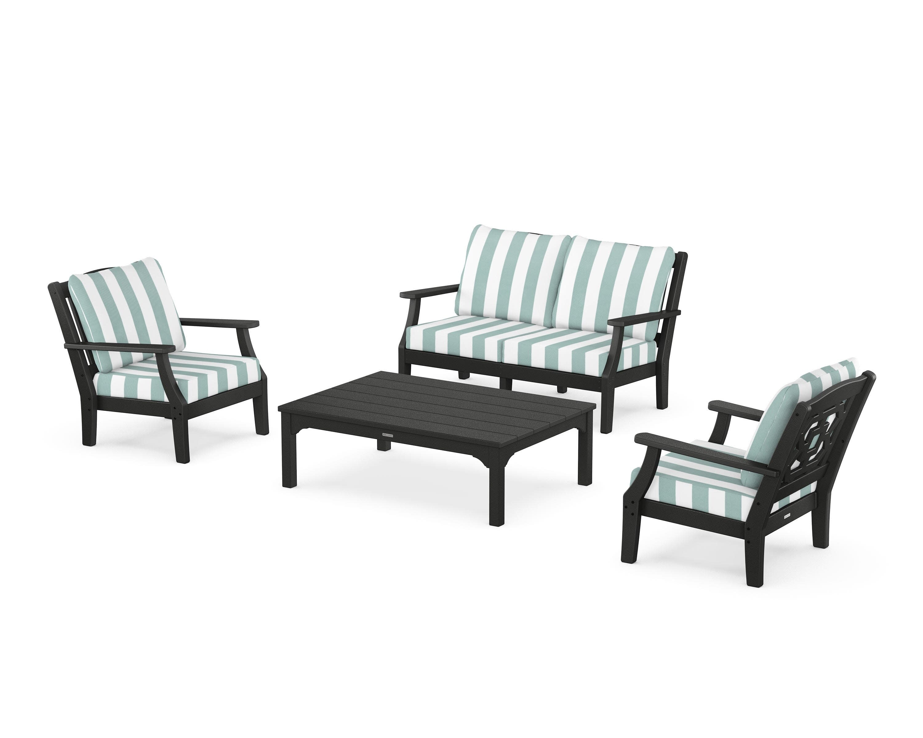Chinoiserie 4-Piece Deep Seating Set with Loveseat in Black / Cabana Stripe Glacier Spa
