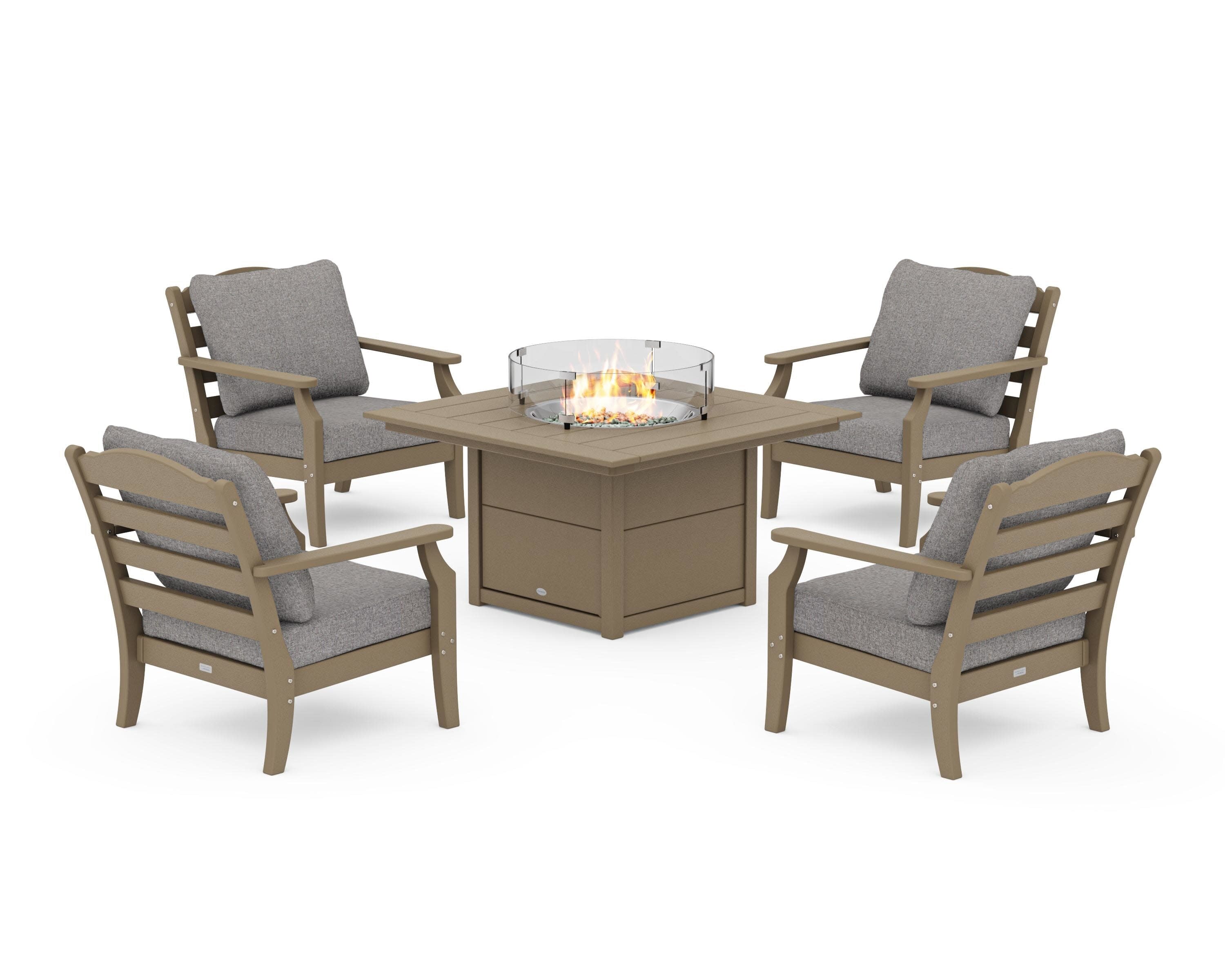 Savannah 5-Piece Deep Seating Set with Fire Pit Table in Vintage Sahara / Grey Mist