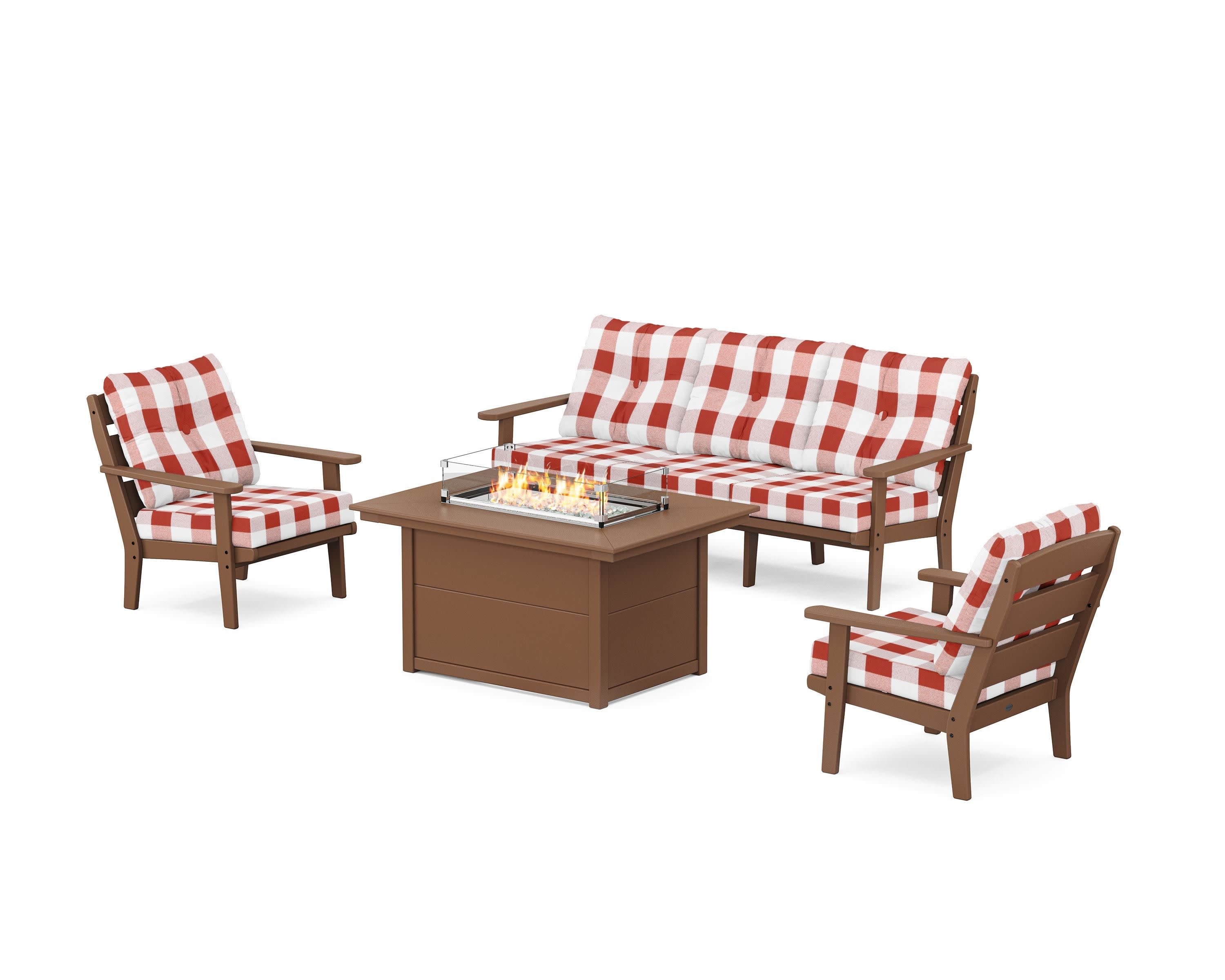 Lakeside Deep Seating Fire Pit Table Set in Teak / Buffalo Plaid Crimson