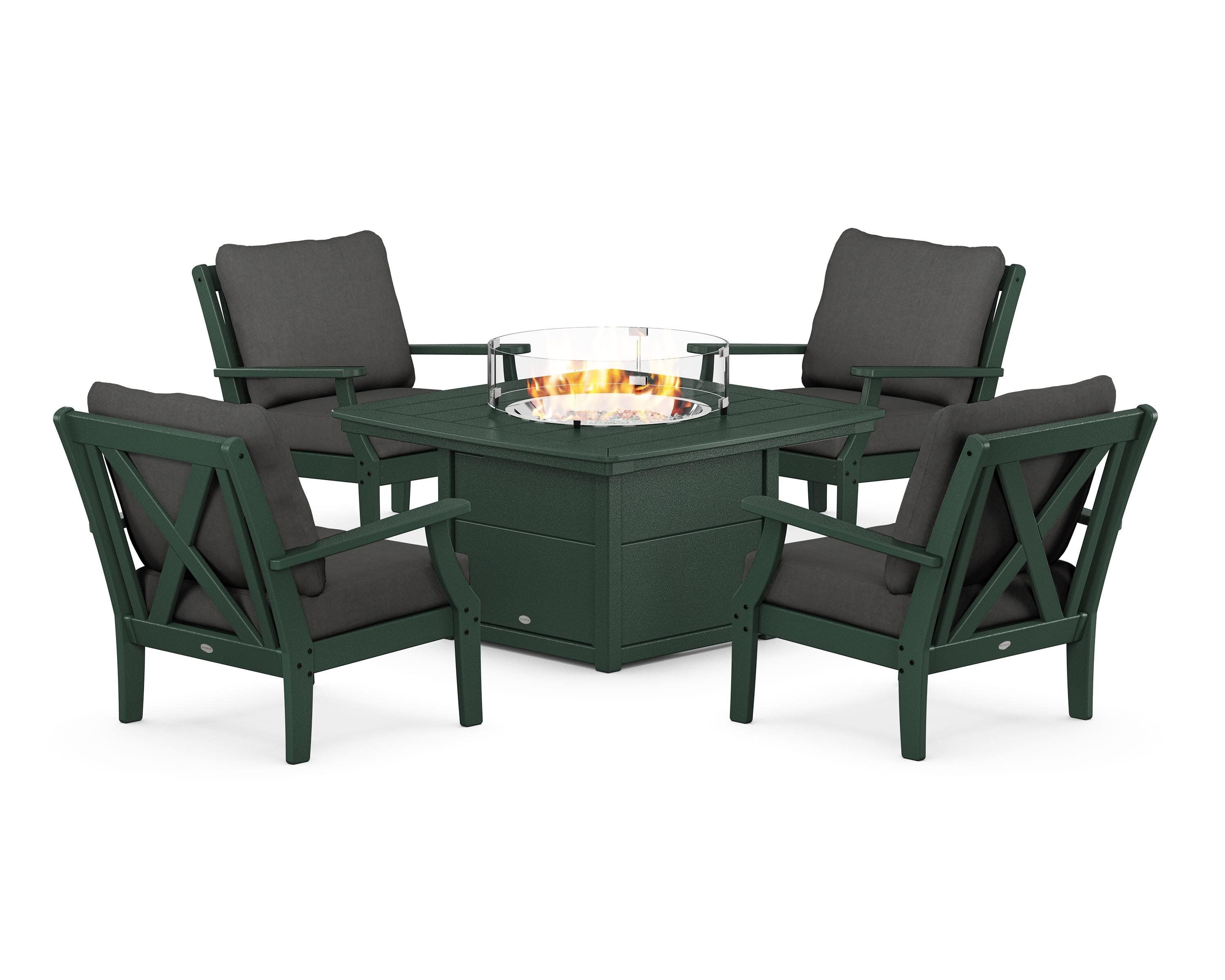 Braxton 5-Piece Deep Seating Conversation Set with Fire Pit Table in Green / Spectrum Carbon