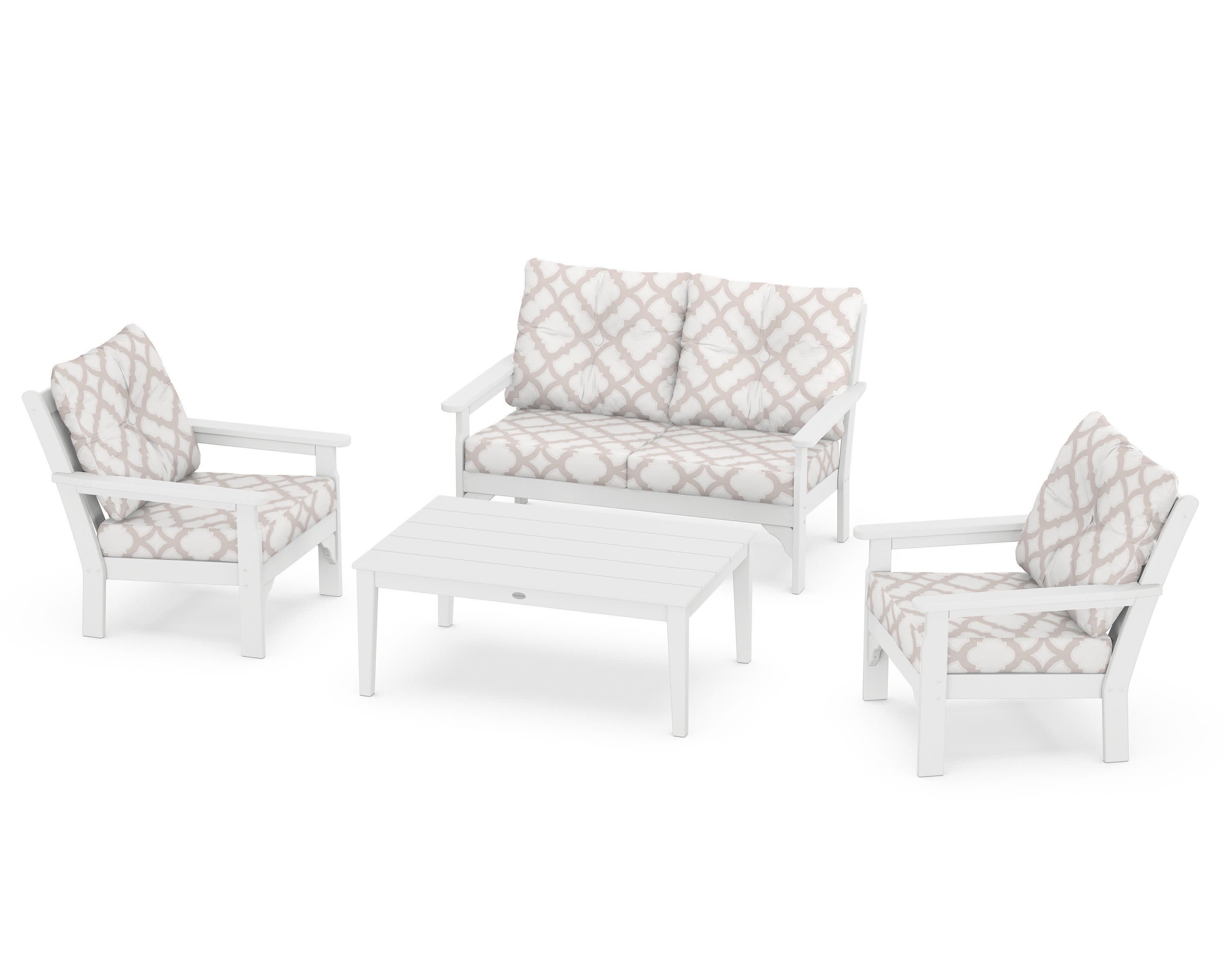 Vineyard 4-Piece Deep Seating Set in White / Trellis Dune Burlap