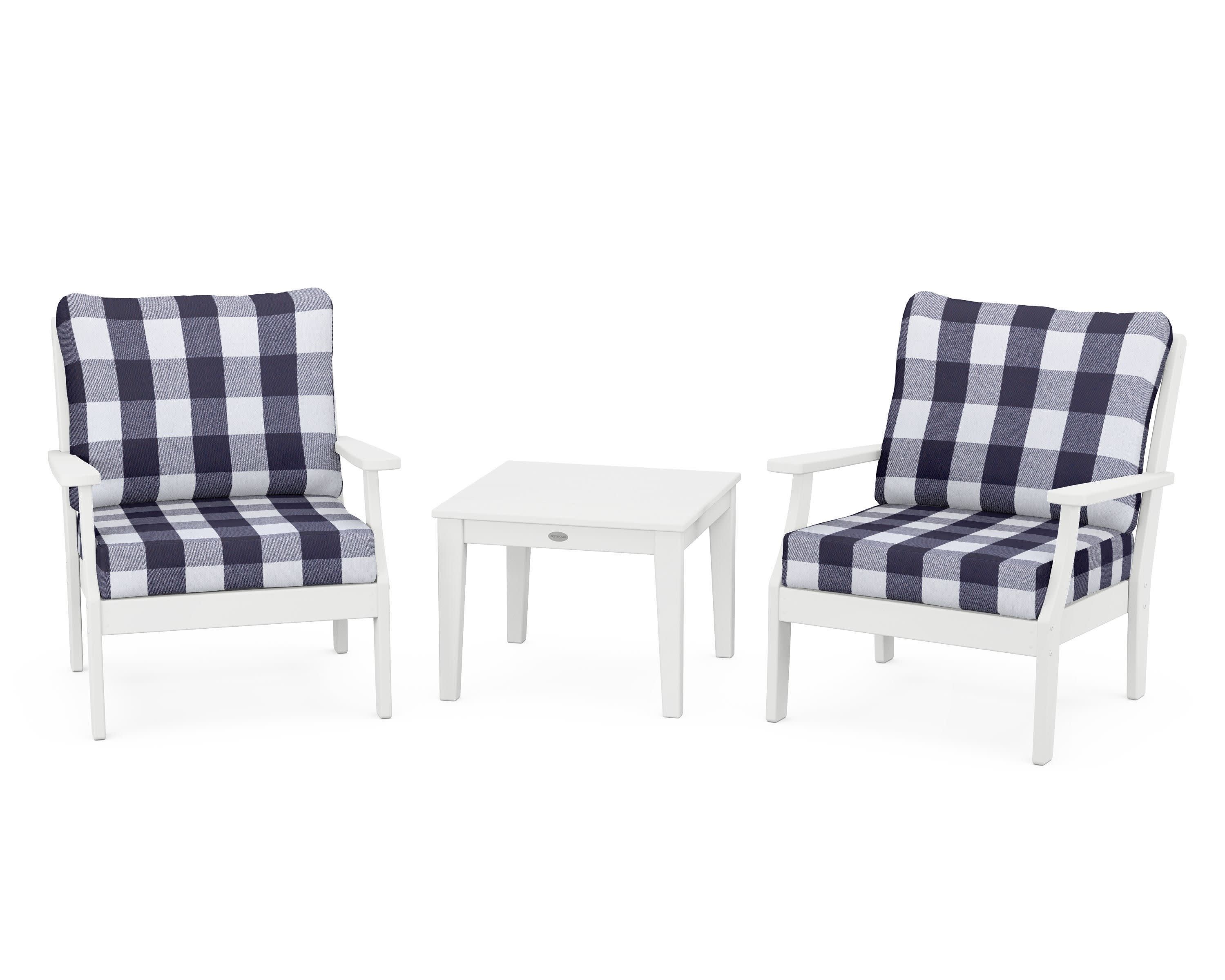 Braxton 3-Piece Deep Seating Set in White / Buffalo Plaid Navy