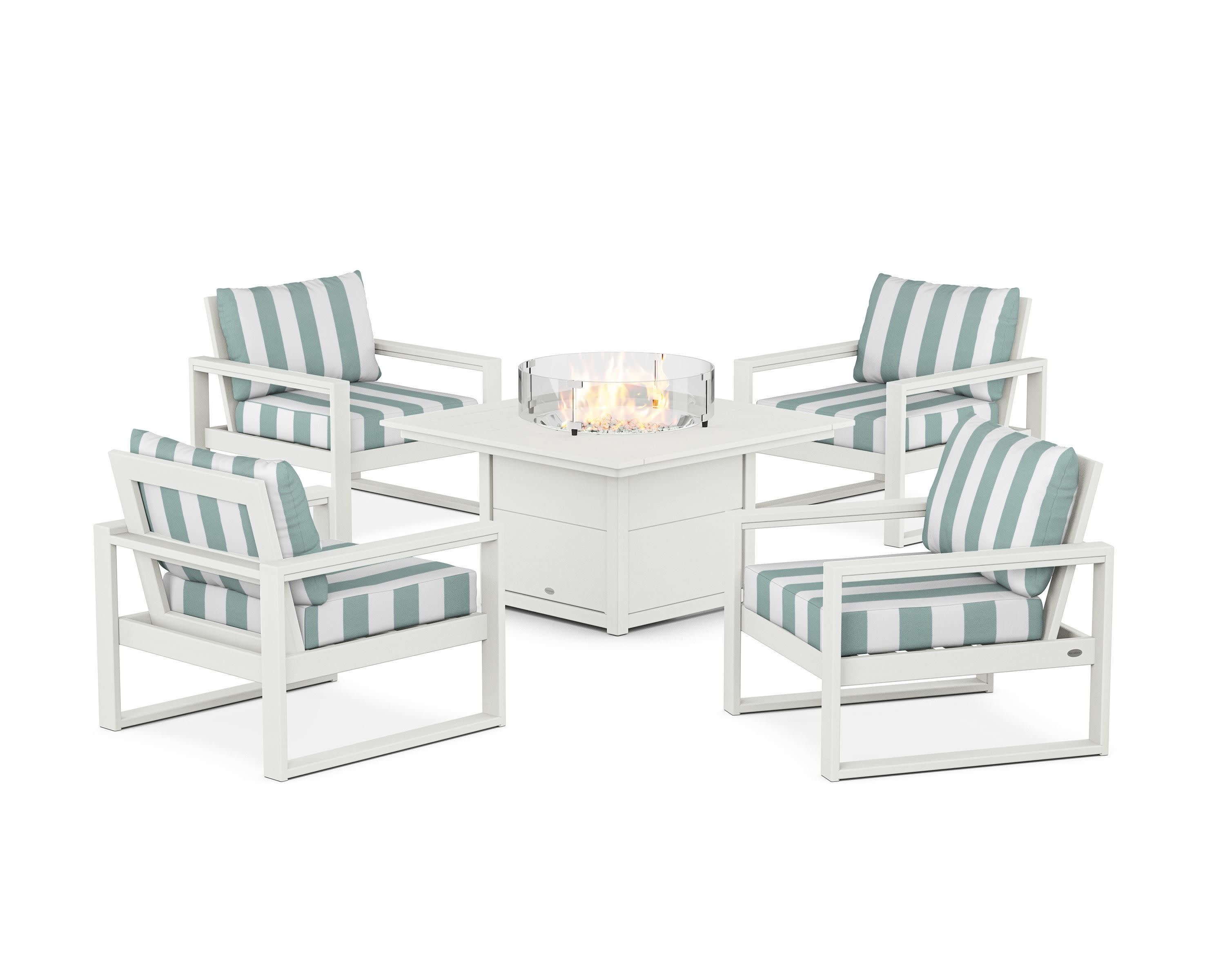 EDGE Sectional 5-Piece Deep Seating Set with Fire Pit Table in Vintage White / Cabana Stripe Glacier Spa