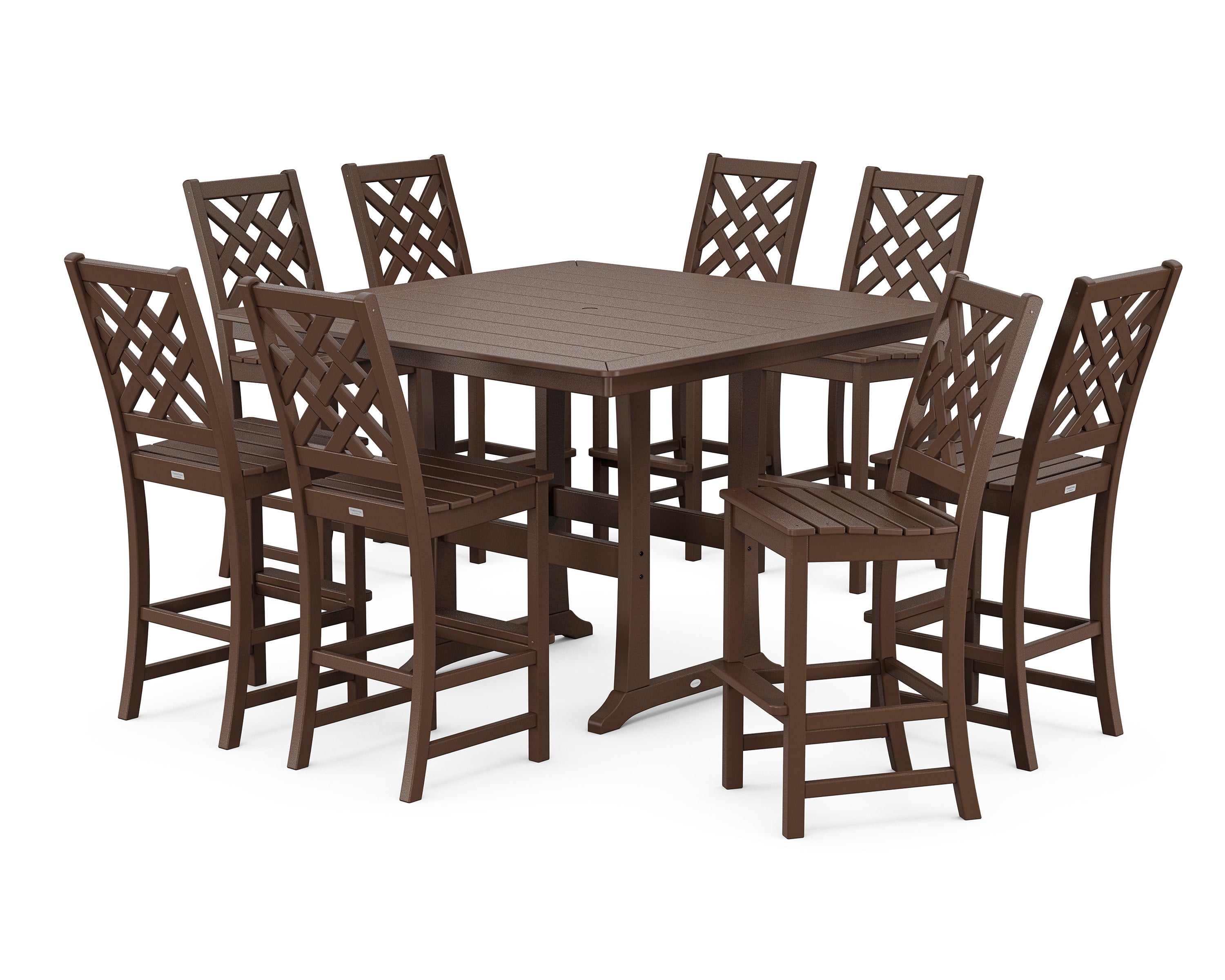 Wovendale Side Chair 9-Piece Square Bar Set with Trestle Legs in Mahogany