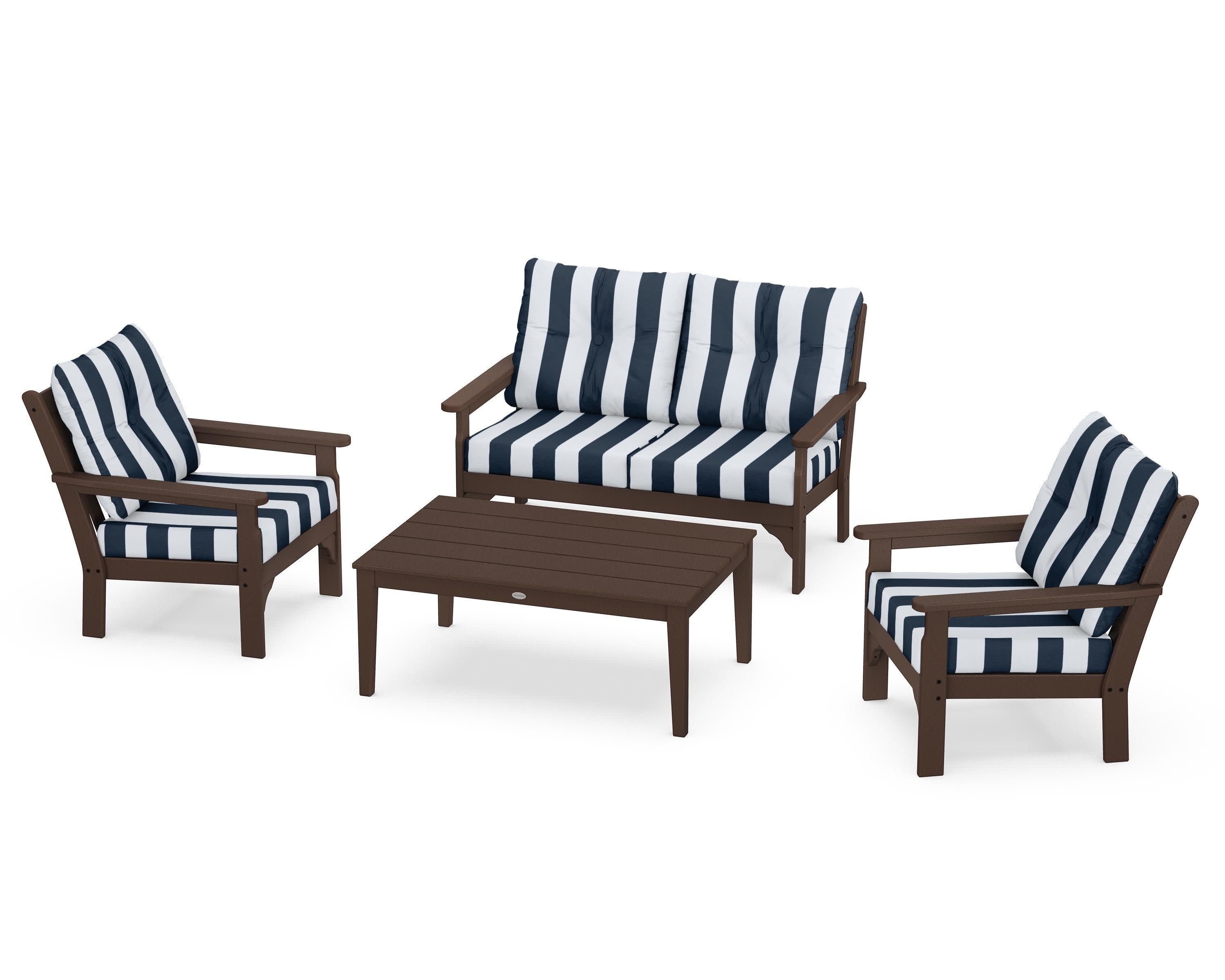 Vineyard 4-Piece Deep Seating Set in Mahogany / Cabana Stripe Marine Indigo