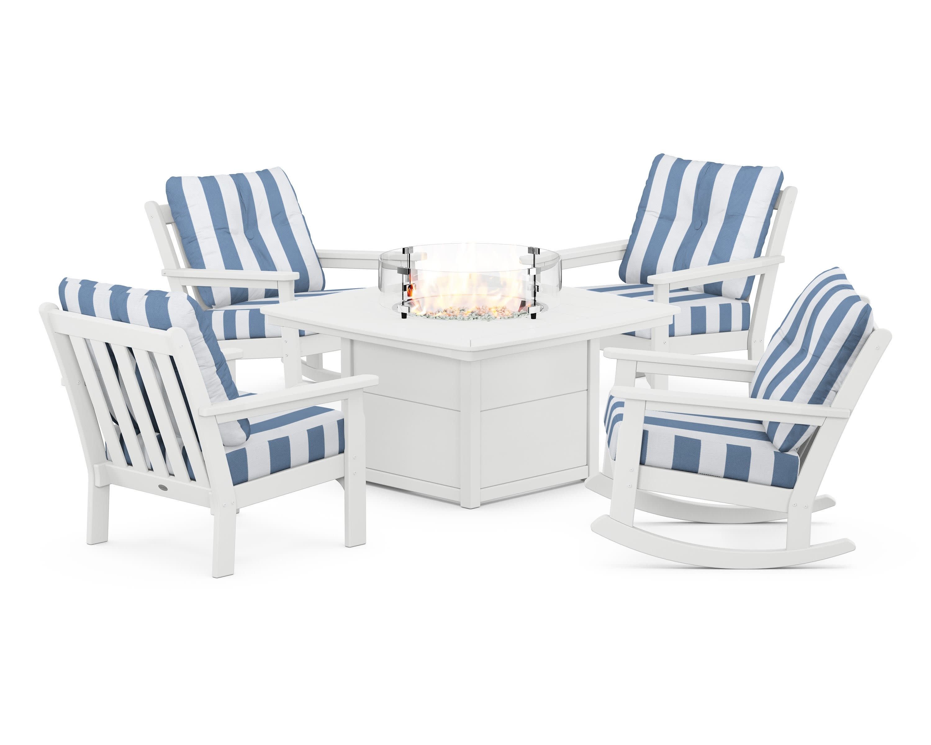 Vineyard 5-Piece Deep Seating Rocking Chair Conversation Set with Fire Pit Table in White / Cabana Stripe Sky Blue