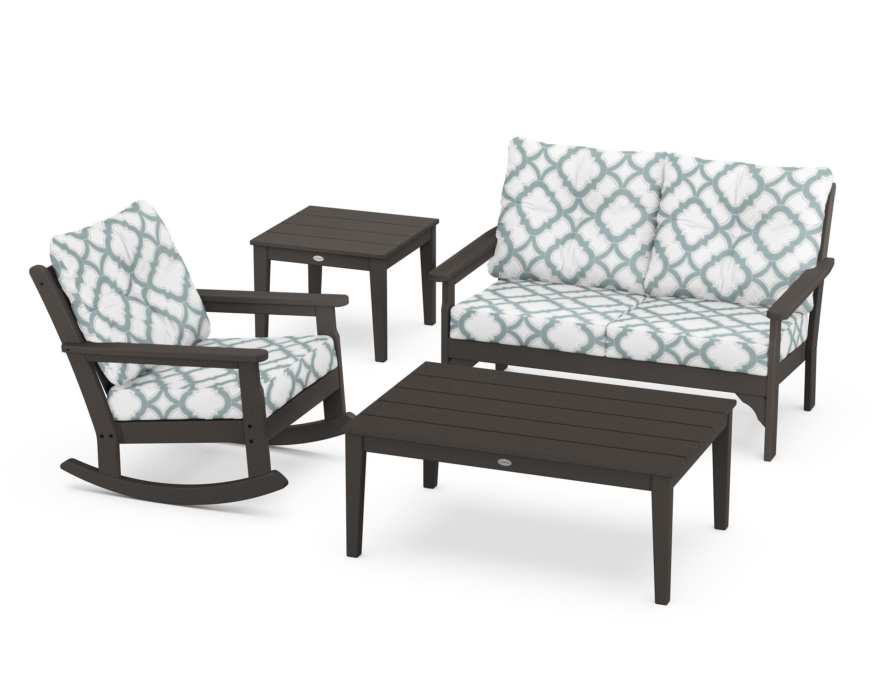 Vineyard 4-Piece Deep Seating Rocker Set in Vintage Coffee / Trellis Glacier Spa