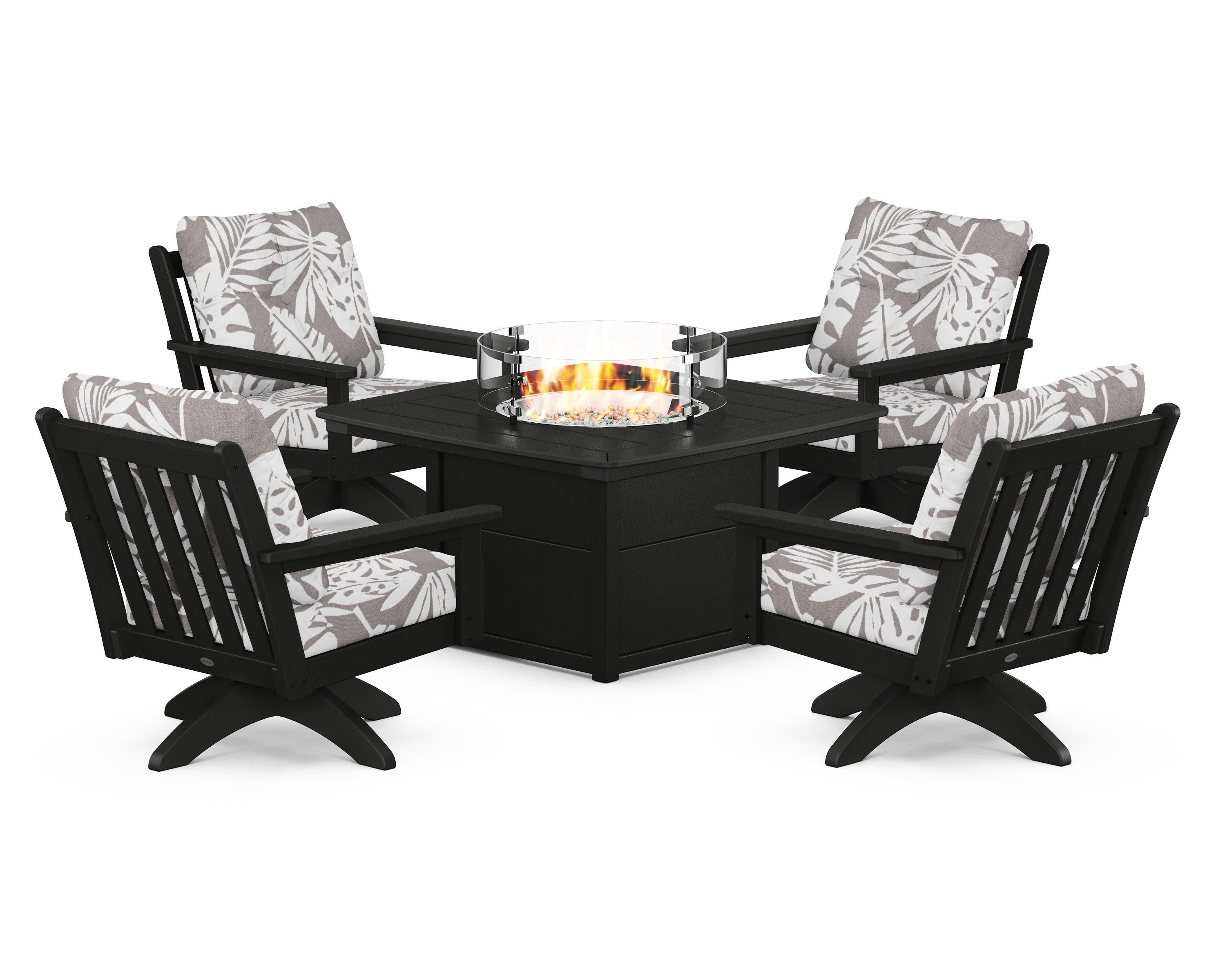 Vineyard 5-Piece Deep Seating Swivel Conversation Set with Fire Pit Table in Black / Leaf Grey Mist