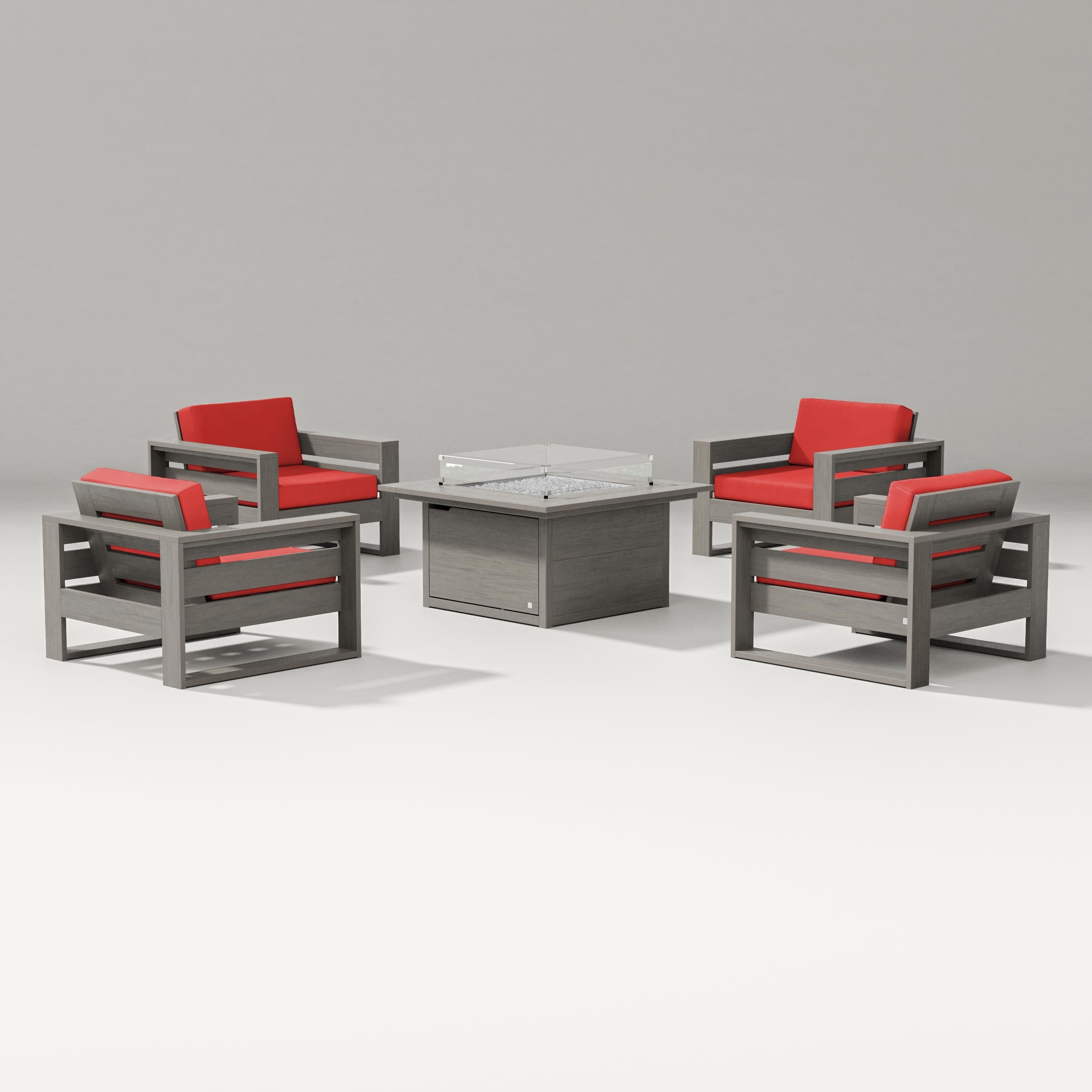 Latitude 5-Piece Lounge Fire Table Set in Driftwood / Crimson Linen