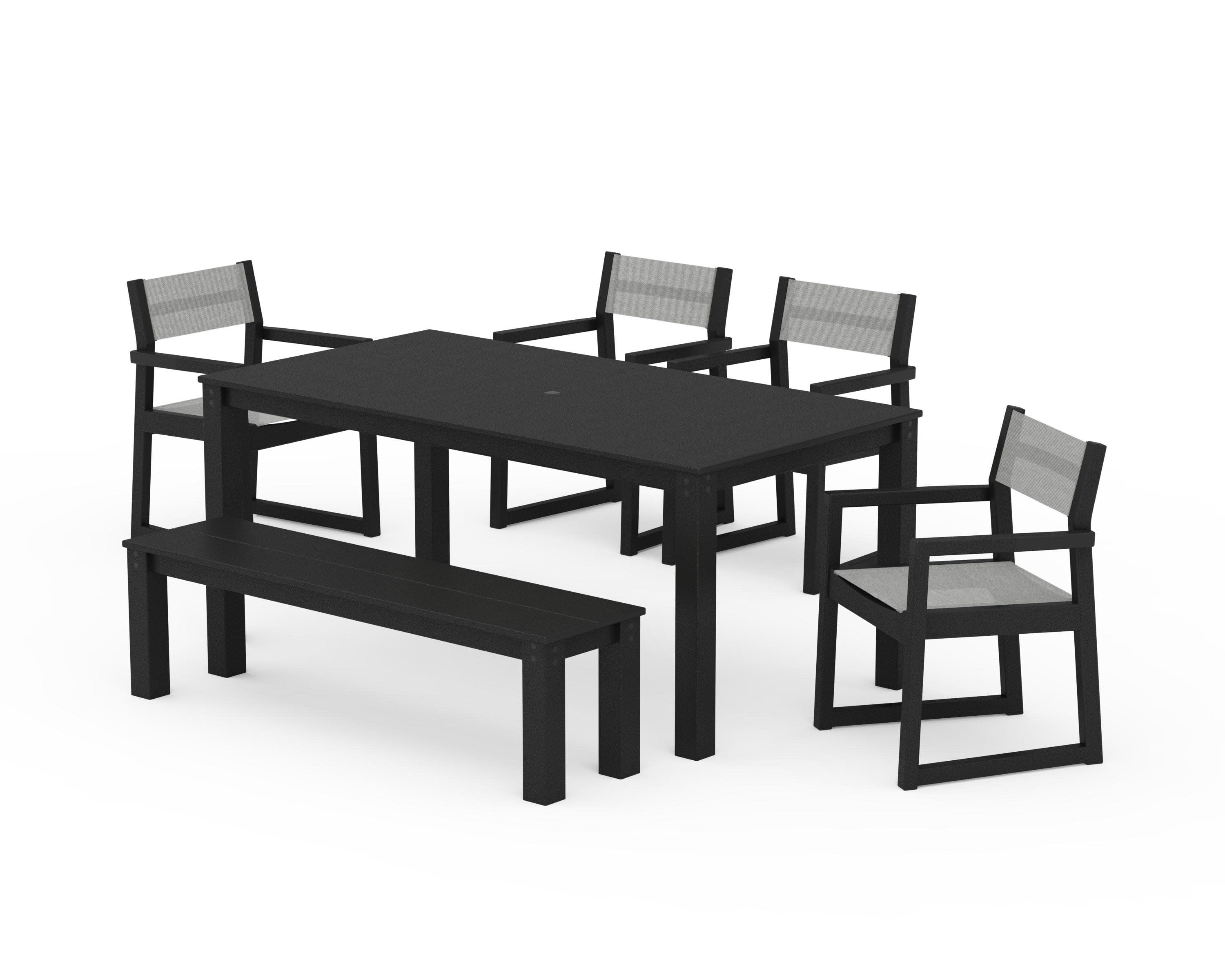 EDGE Sling Arm Chair 6-Piece Parsons Dining Set with Bench in Black / Metallic Sling