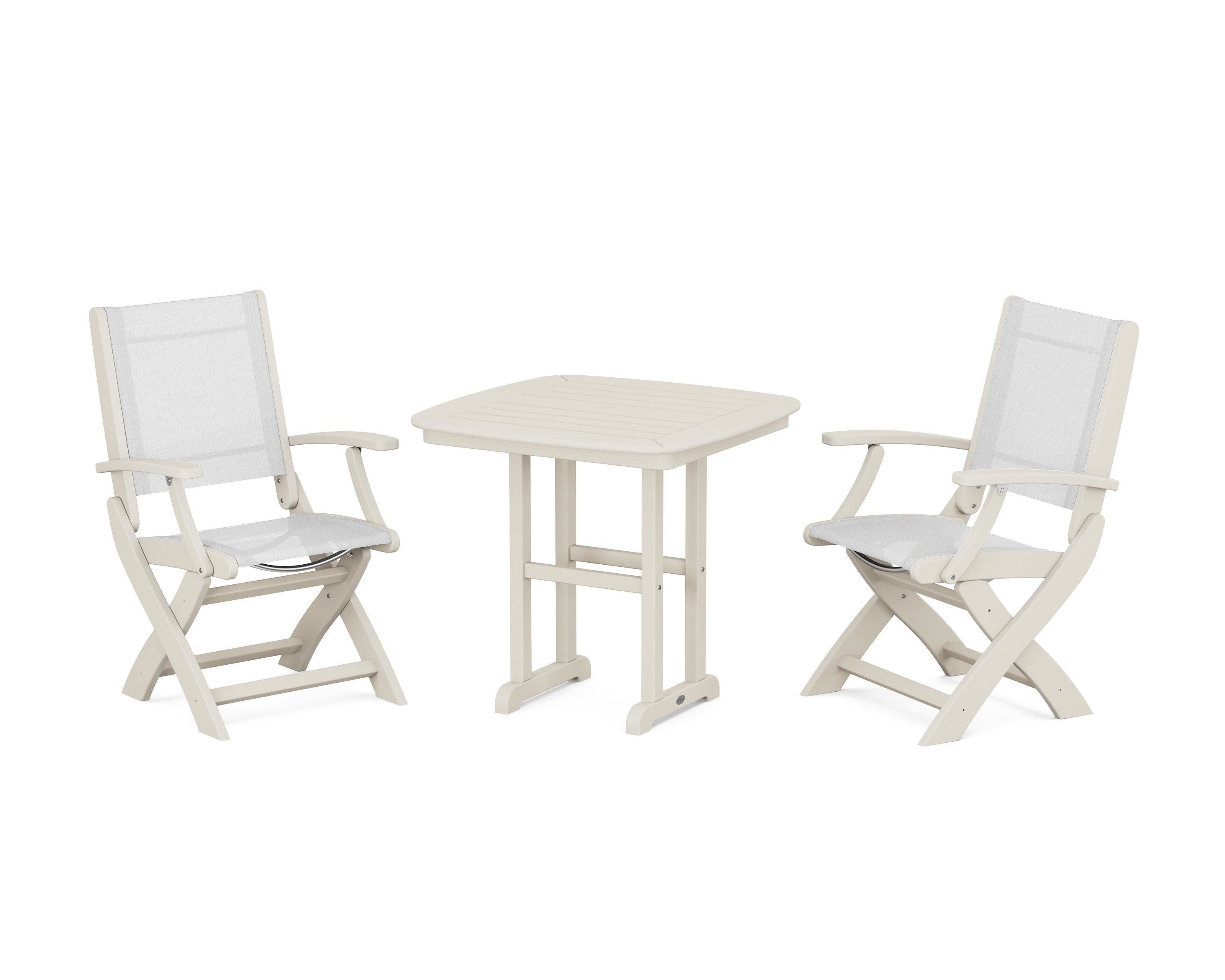 Coastal Folding Chair 3-Piece Dining Set in Sand / White Sling