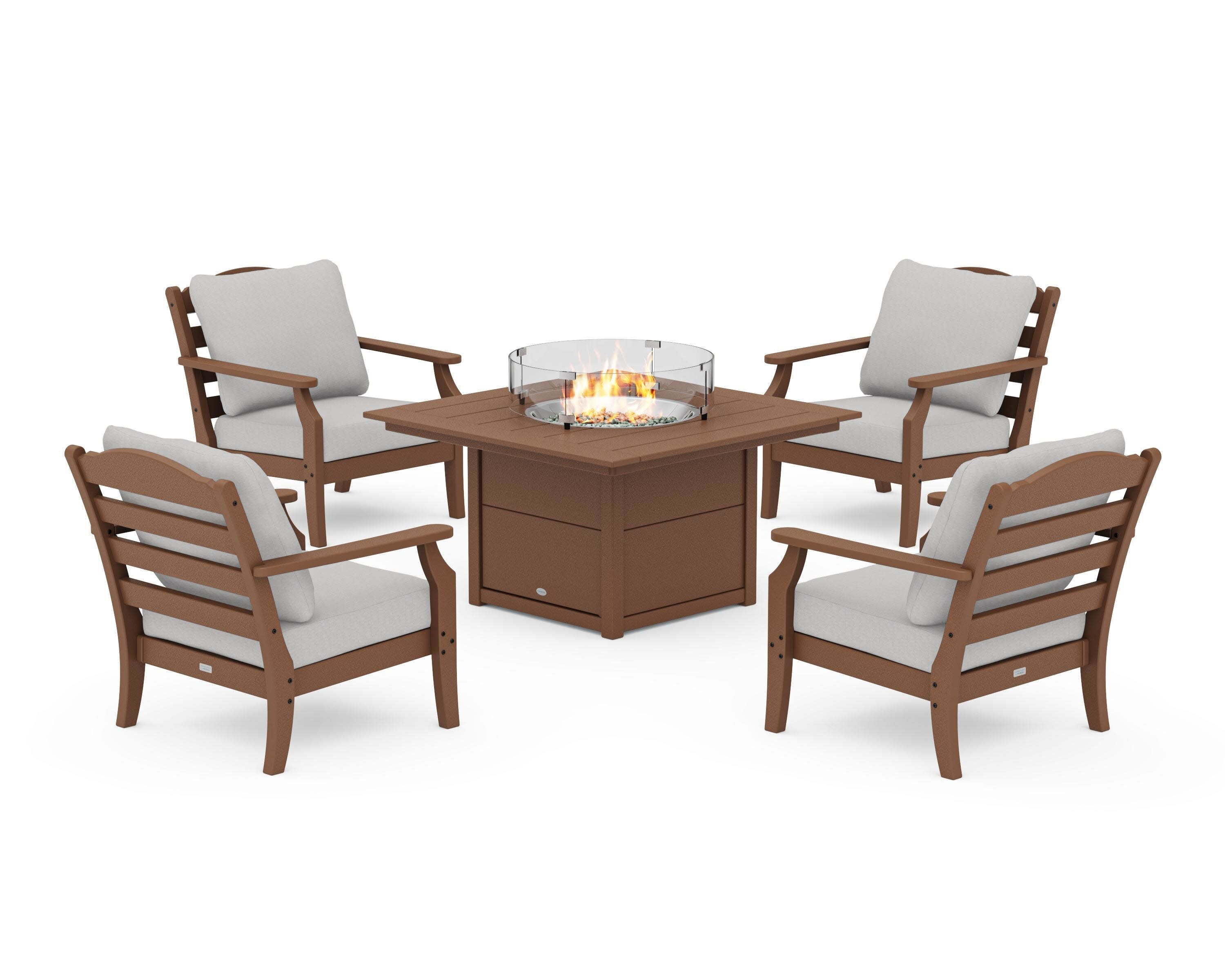 Savannah 5-Piece Deep Seating Set with Fire Pit Table in Teak / Diamond in the Rough
