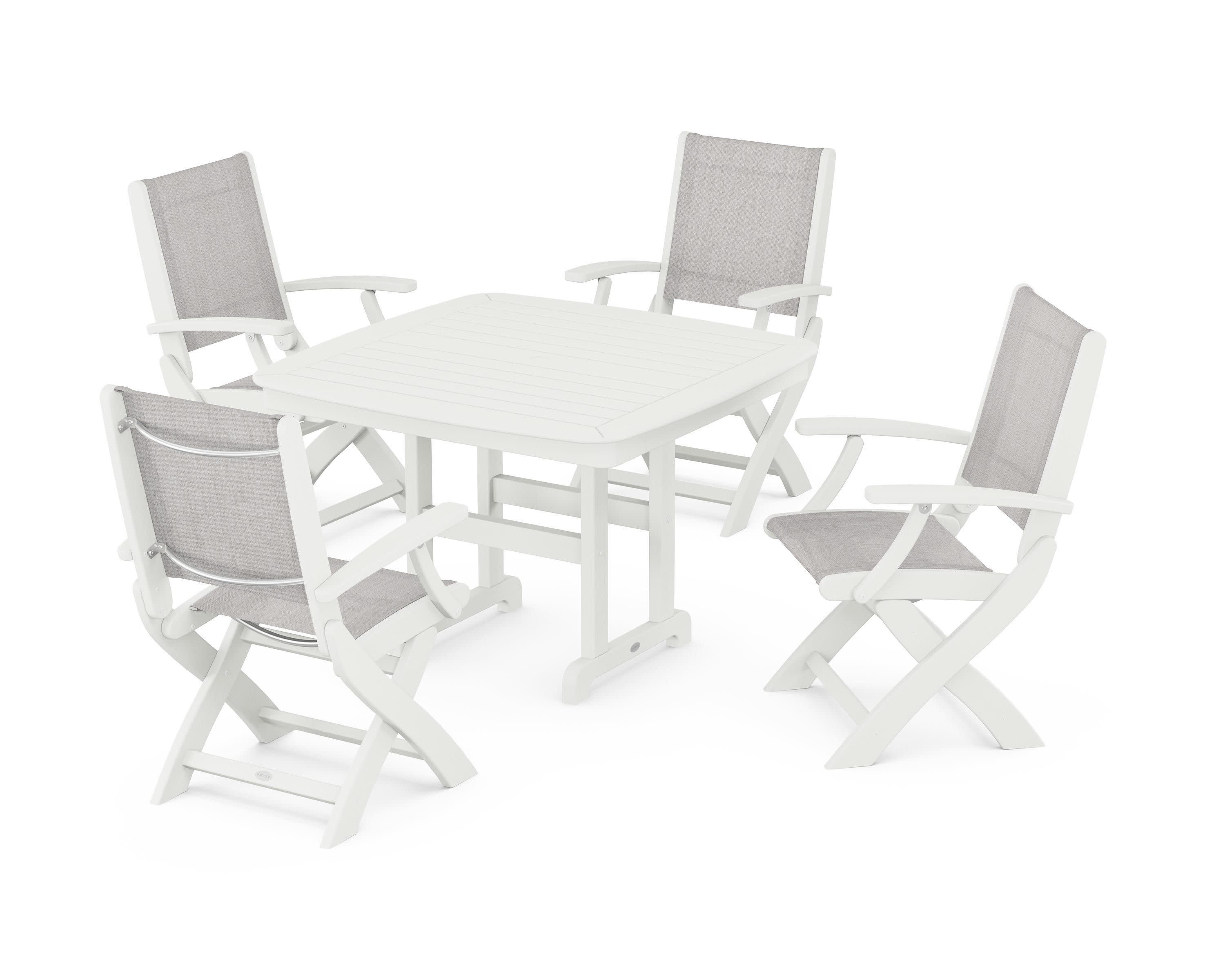 Coastal Folding Chair 5-Piece Dining Set in Vintage White / Parchment Sling