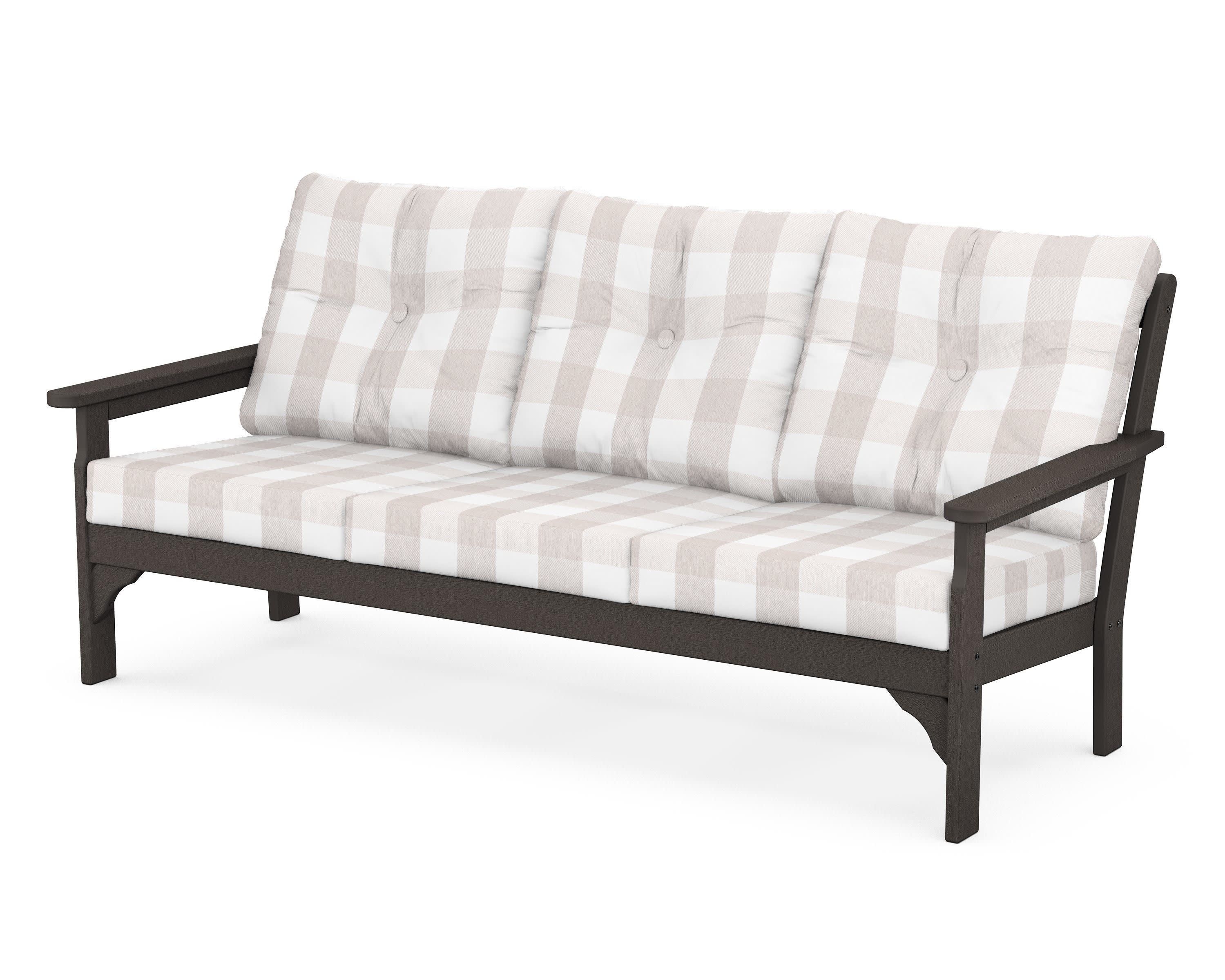 Vineyard Deep Seating Sofa in Vintage Coffee / Buffalo Plaid Dune Burlap