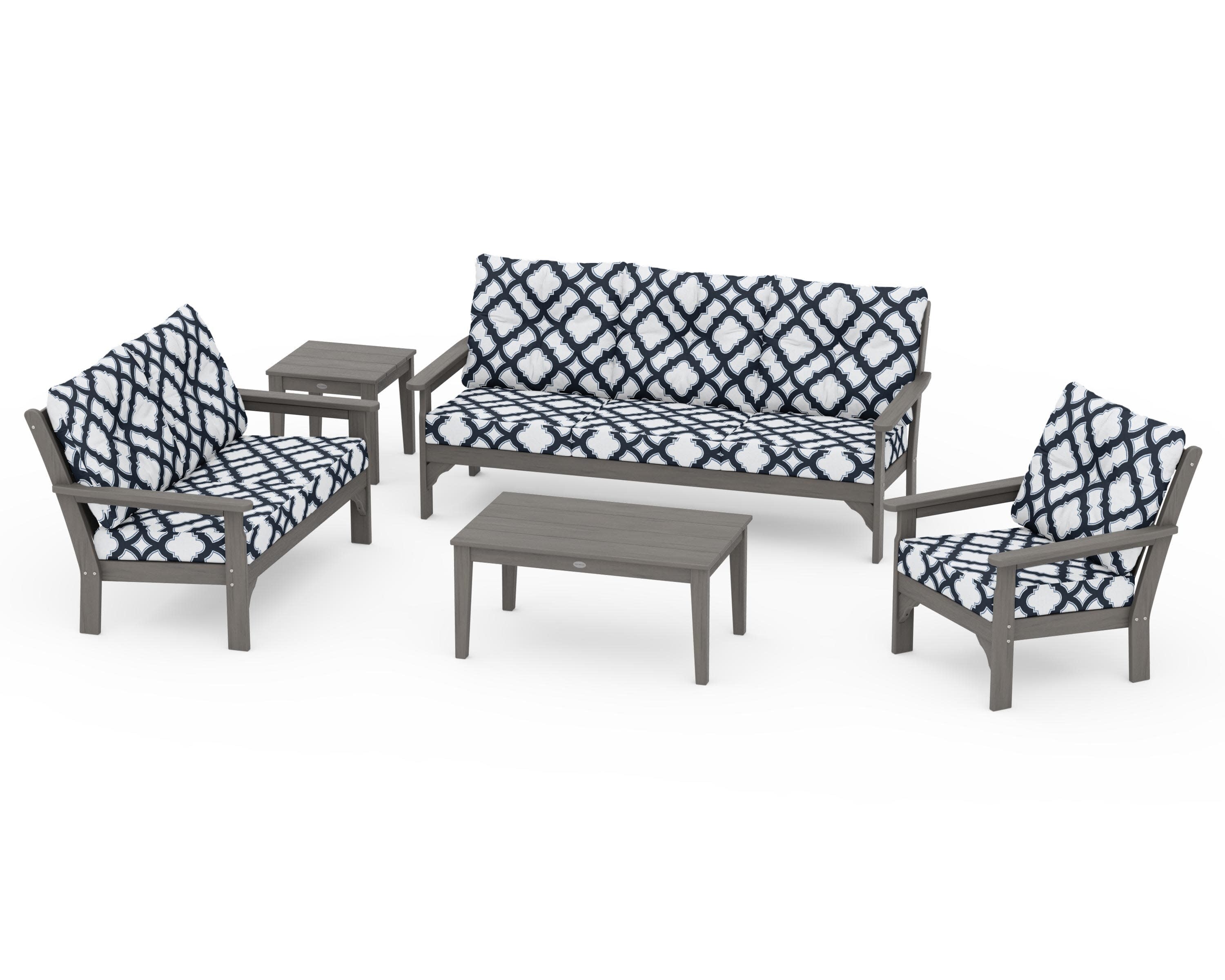 Vineyard 5 Piece Deep Seating Set in Driftwood / Trellis Marine Indigo