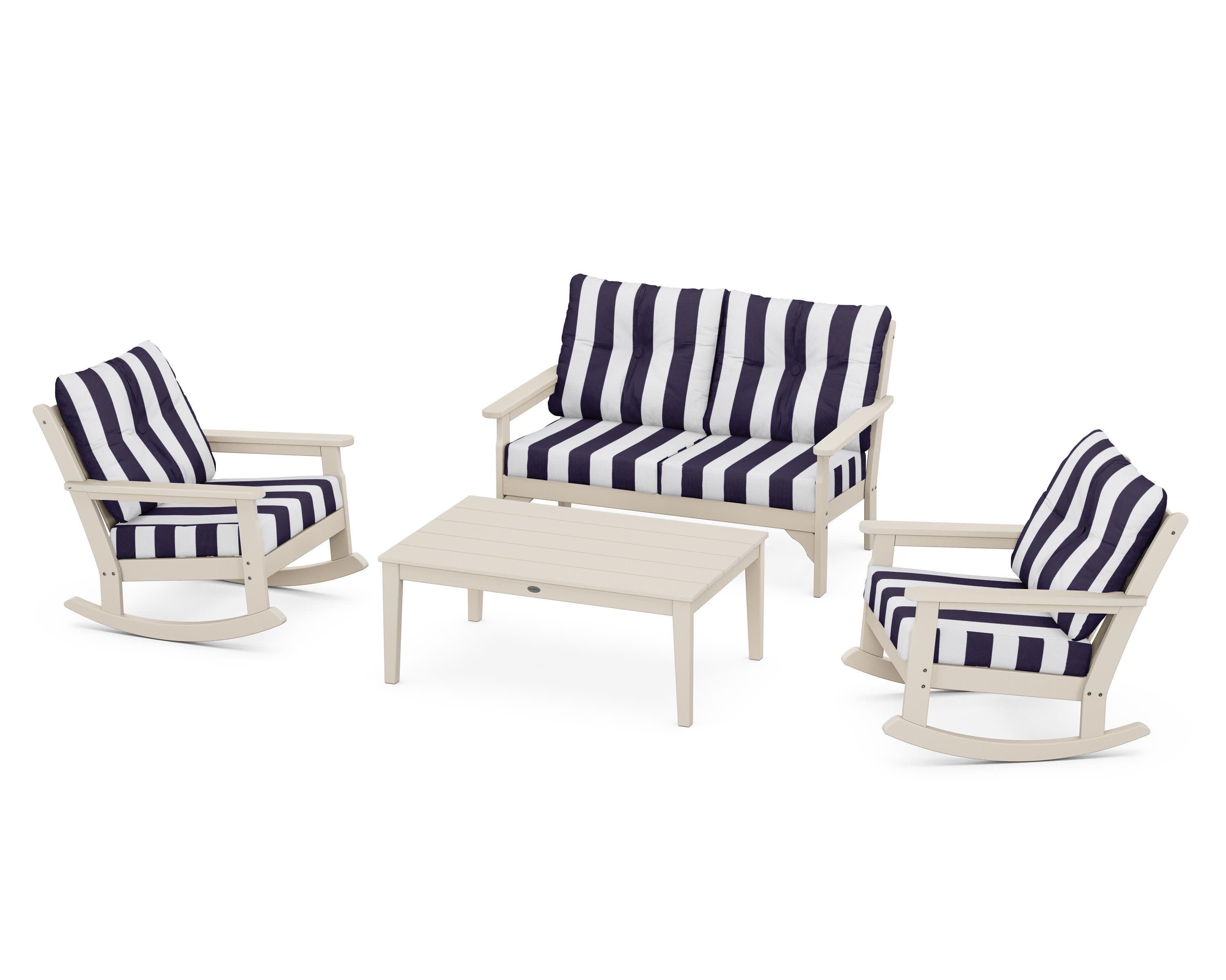 Vineyard 4-Piece Deep Seating Rocking Chair Set in Sand / Cabana Stripe Navy