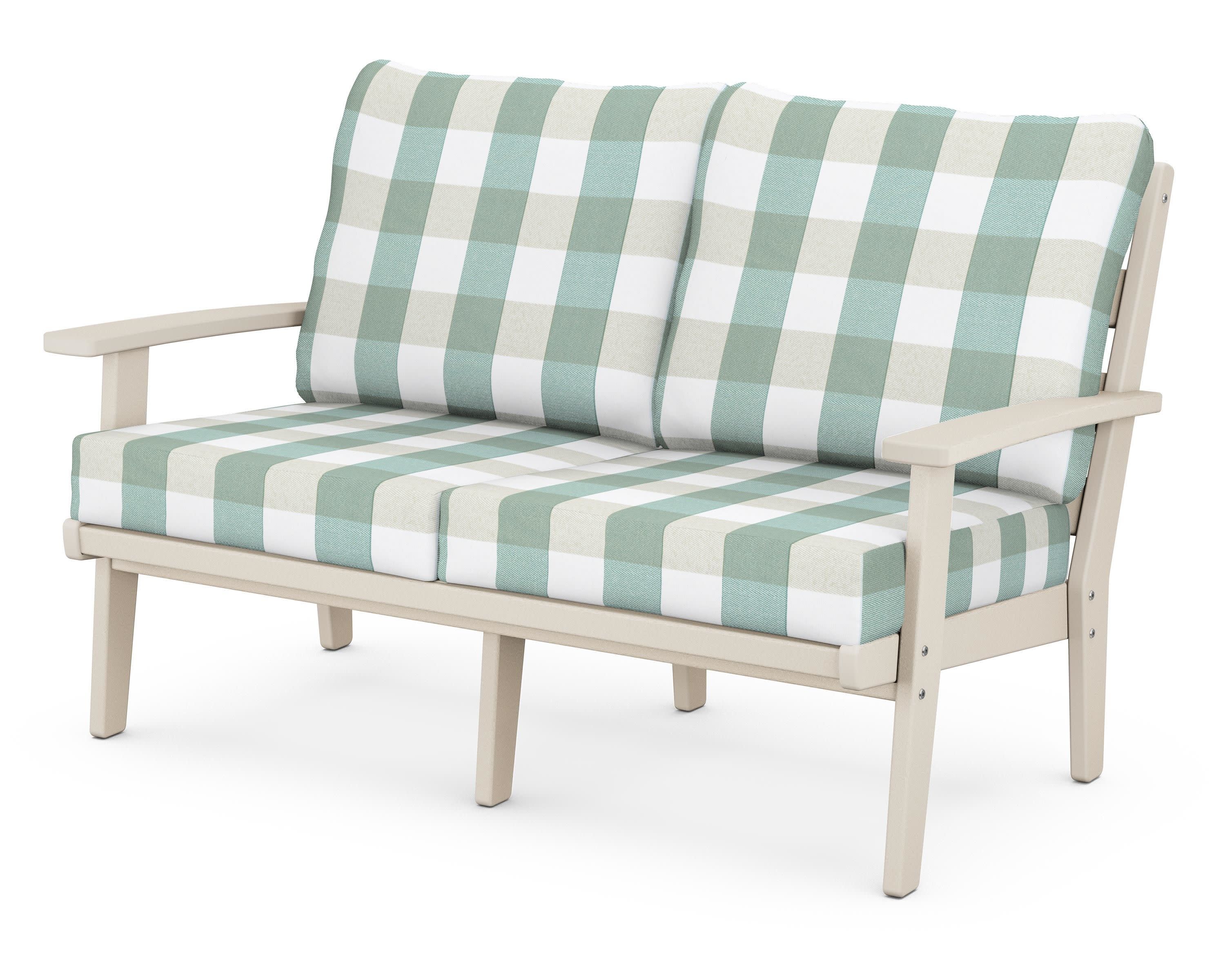 Grant Park Deep Seating Loveseat in Sand / Buffalo Plaid Glacier Spa
