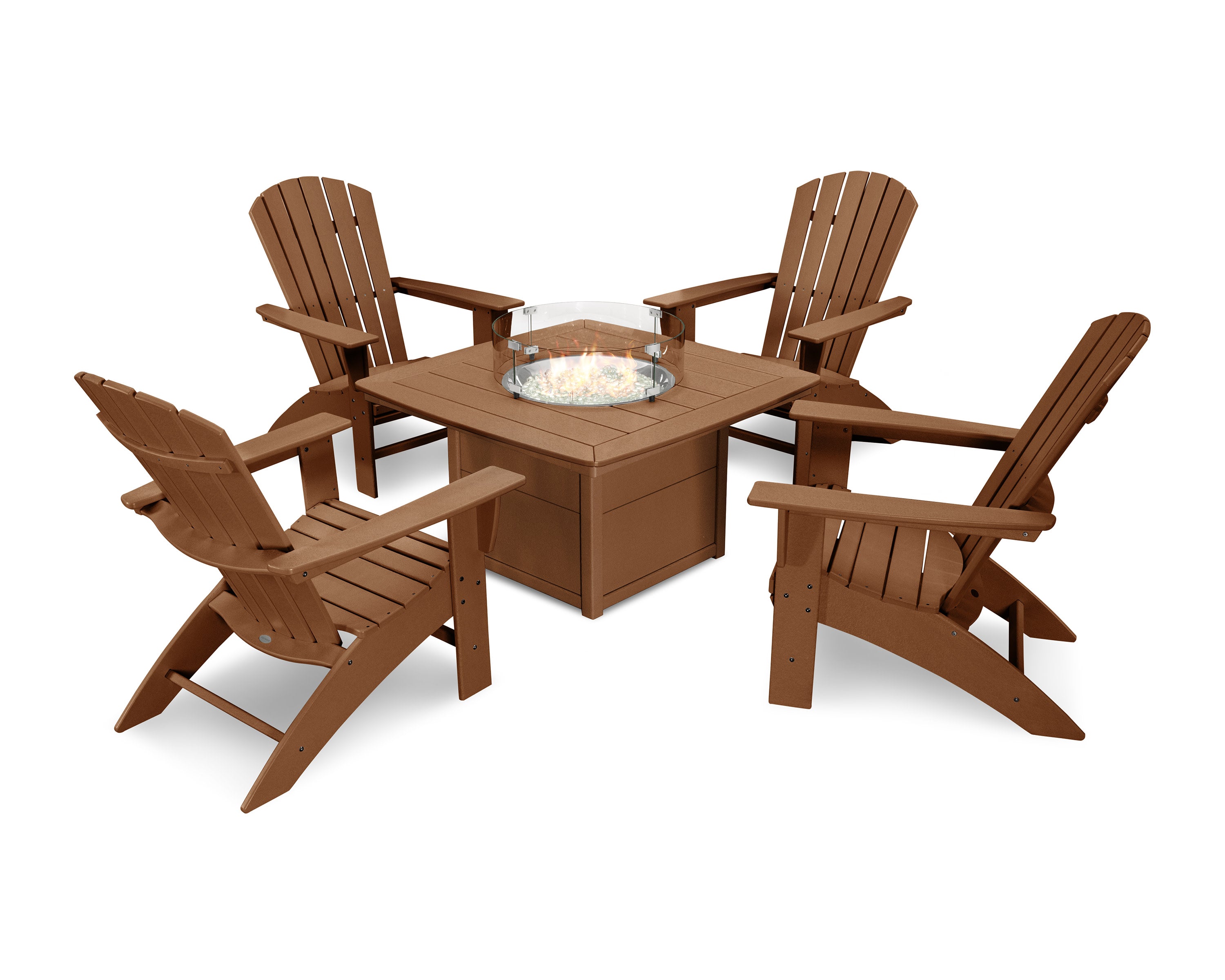Nautical Curveback Adirondack 5-Piece Conversation Set with Fire Pit Table in Teak