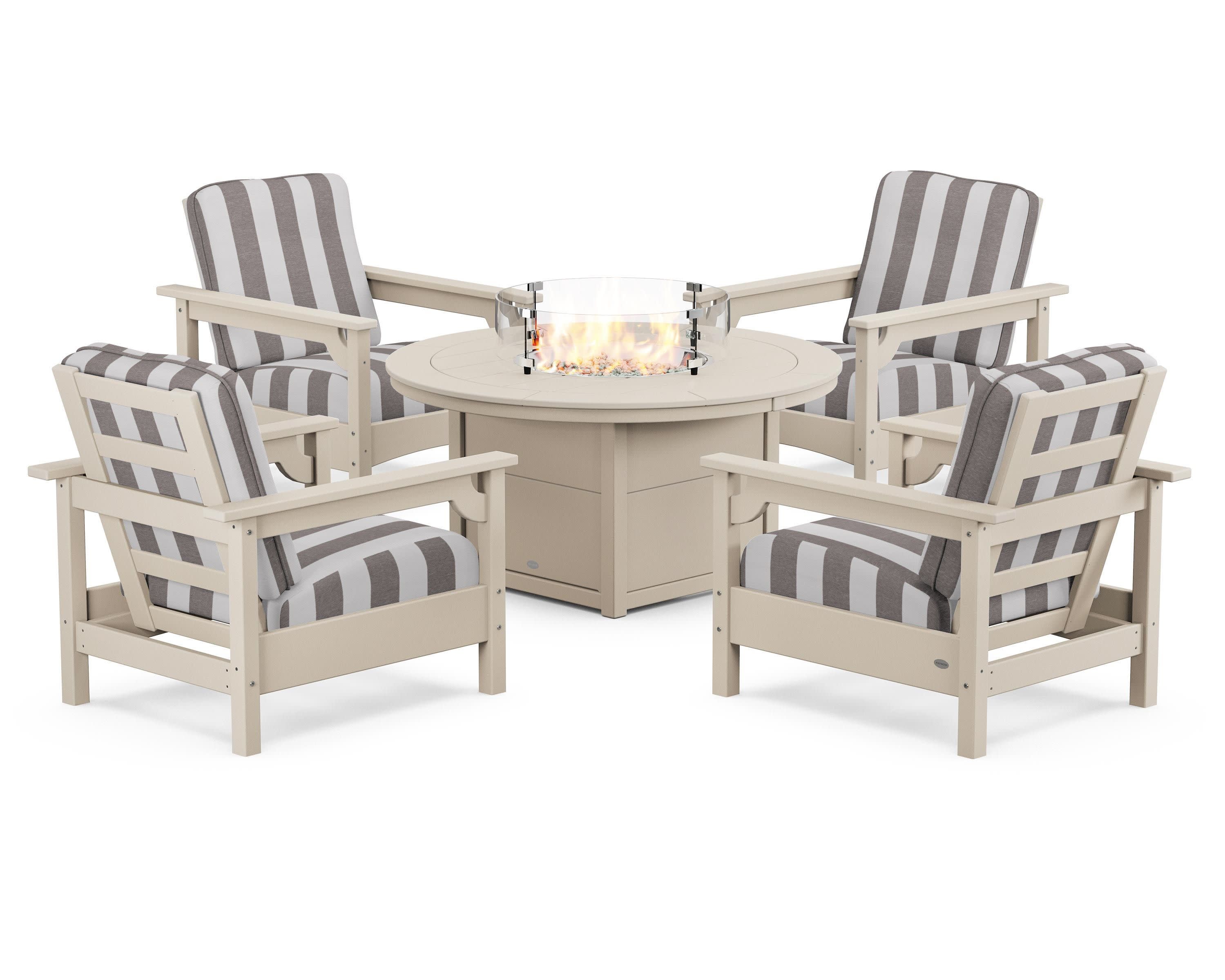 Club 5-Piece Conversation Set with Fire Pit Table in Sand / Cabana Stripe Grey Mist