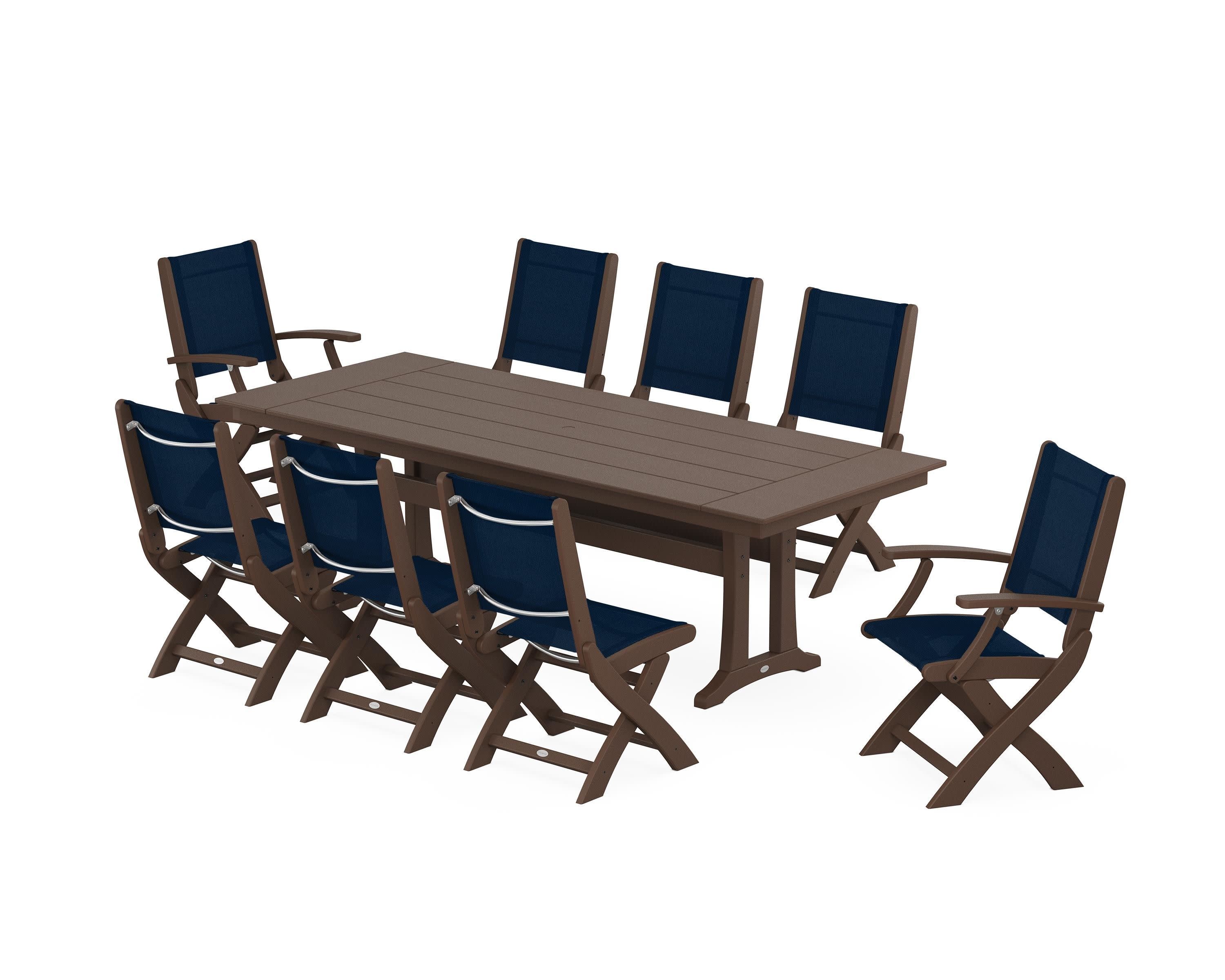Coastal 9-Piece Folding Dining Chair Farmhouse Dining Set with Trestle Legs in Mahogany / Navy Blue Sling