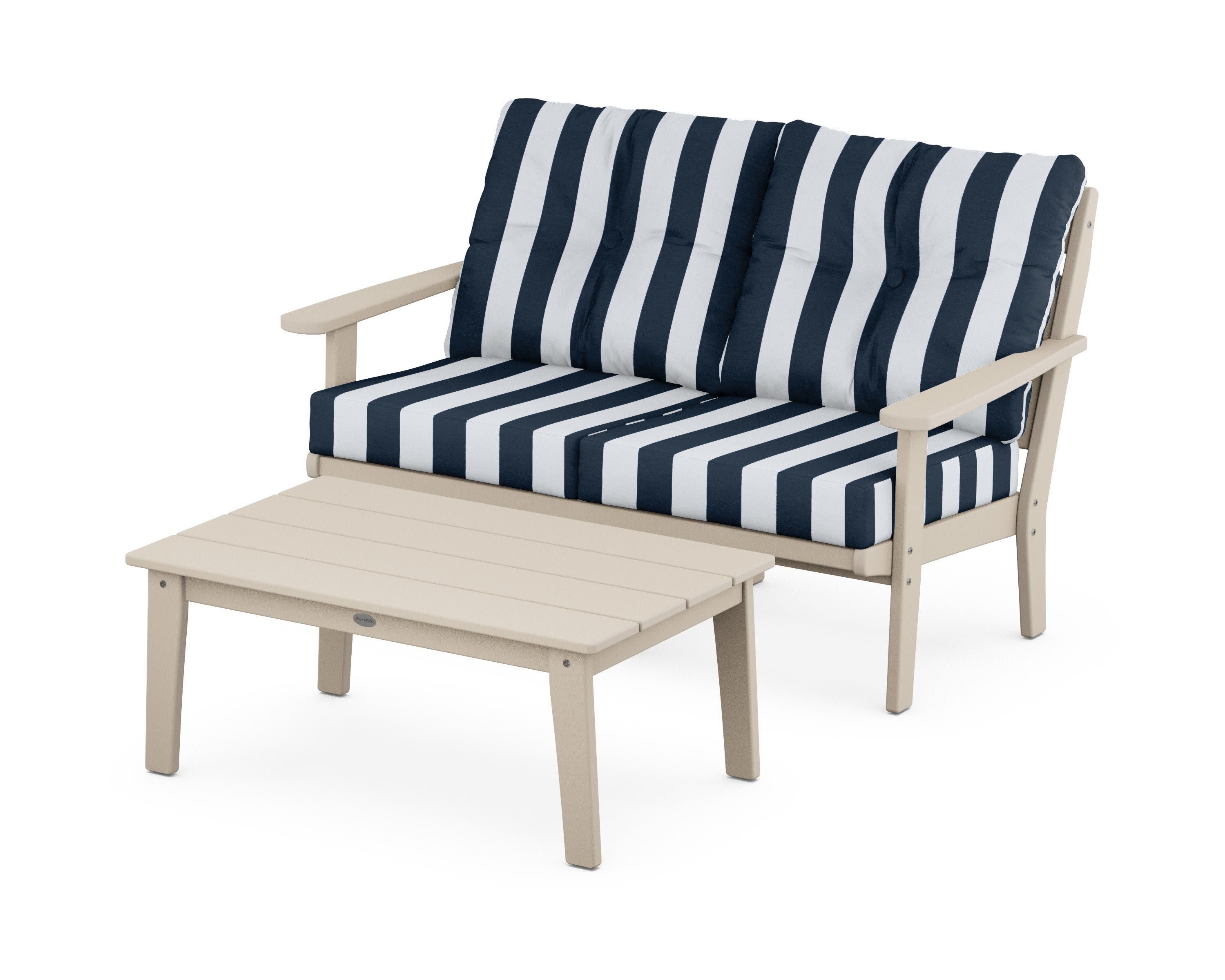 Lakeside 2-Piece Lounge Loveseat Set in Sand / Cabana Stripe Marine Indigo