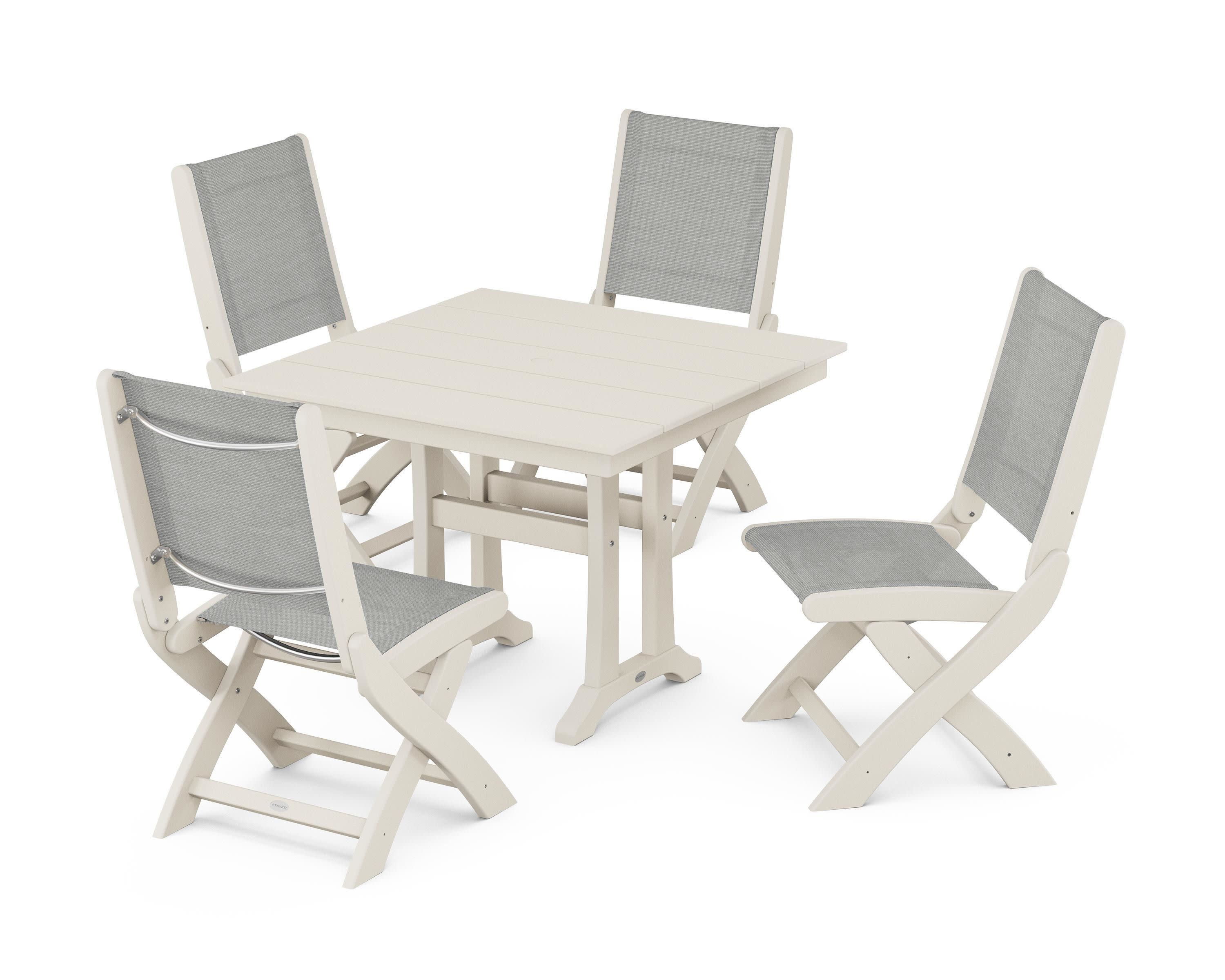 Coastal Folding Side Chair 5-Piece Farmhouse Dining Set With Trestle Legs in Sand / Metallic Sling