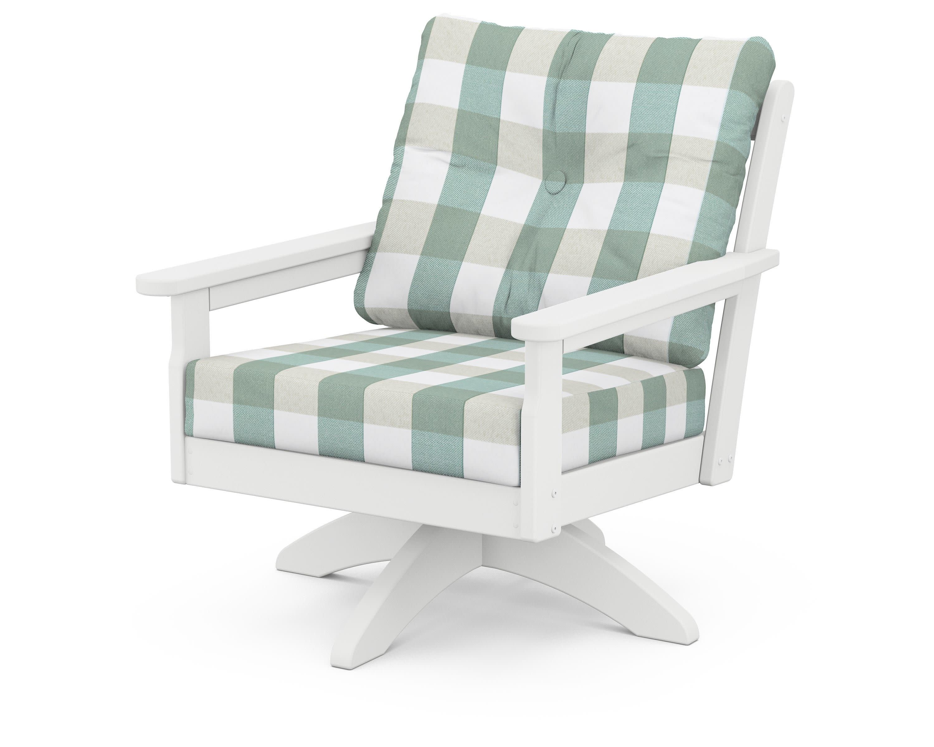 Vineyard Deep Seating Swivel Chair in White / Buffalo Plaid Glacier Spa