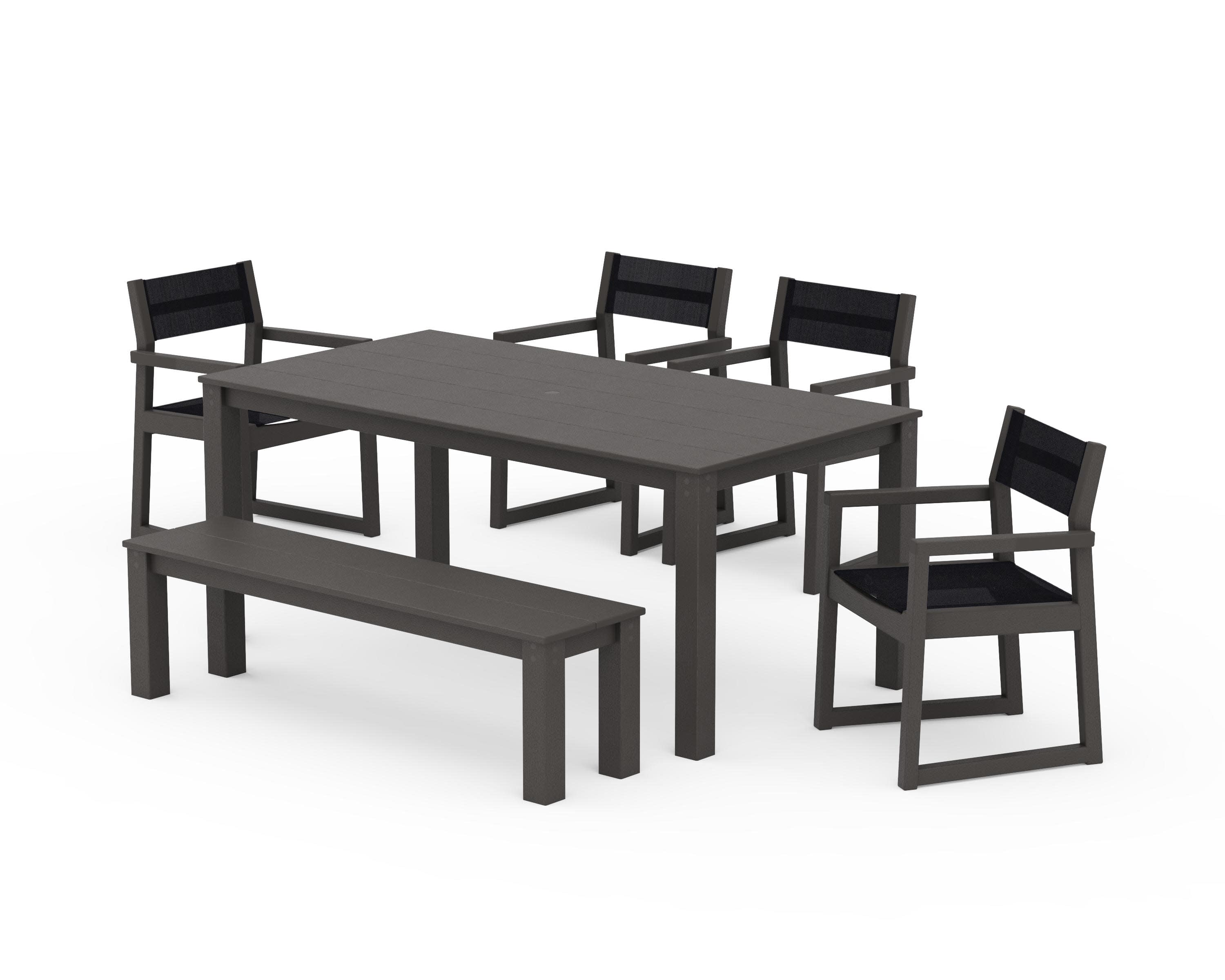 EDGE Sling Arm Chair 6-Piece Parsons Dining Set with Bench in Vintage Coffee / Black Sling