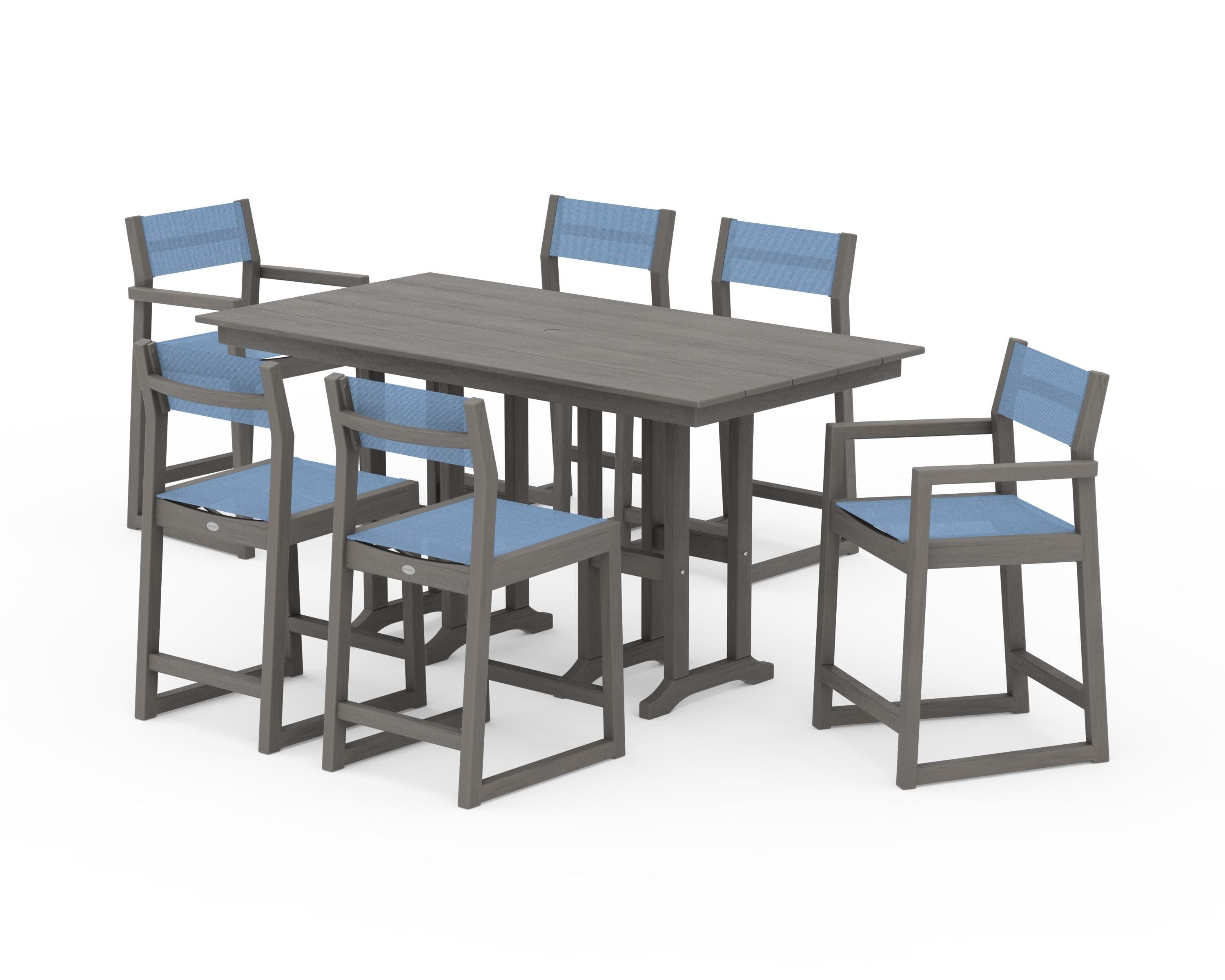 EDGE Sling 7-Piece Farmhouse Counter Set in Driftwood / Poolside Sling