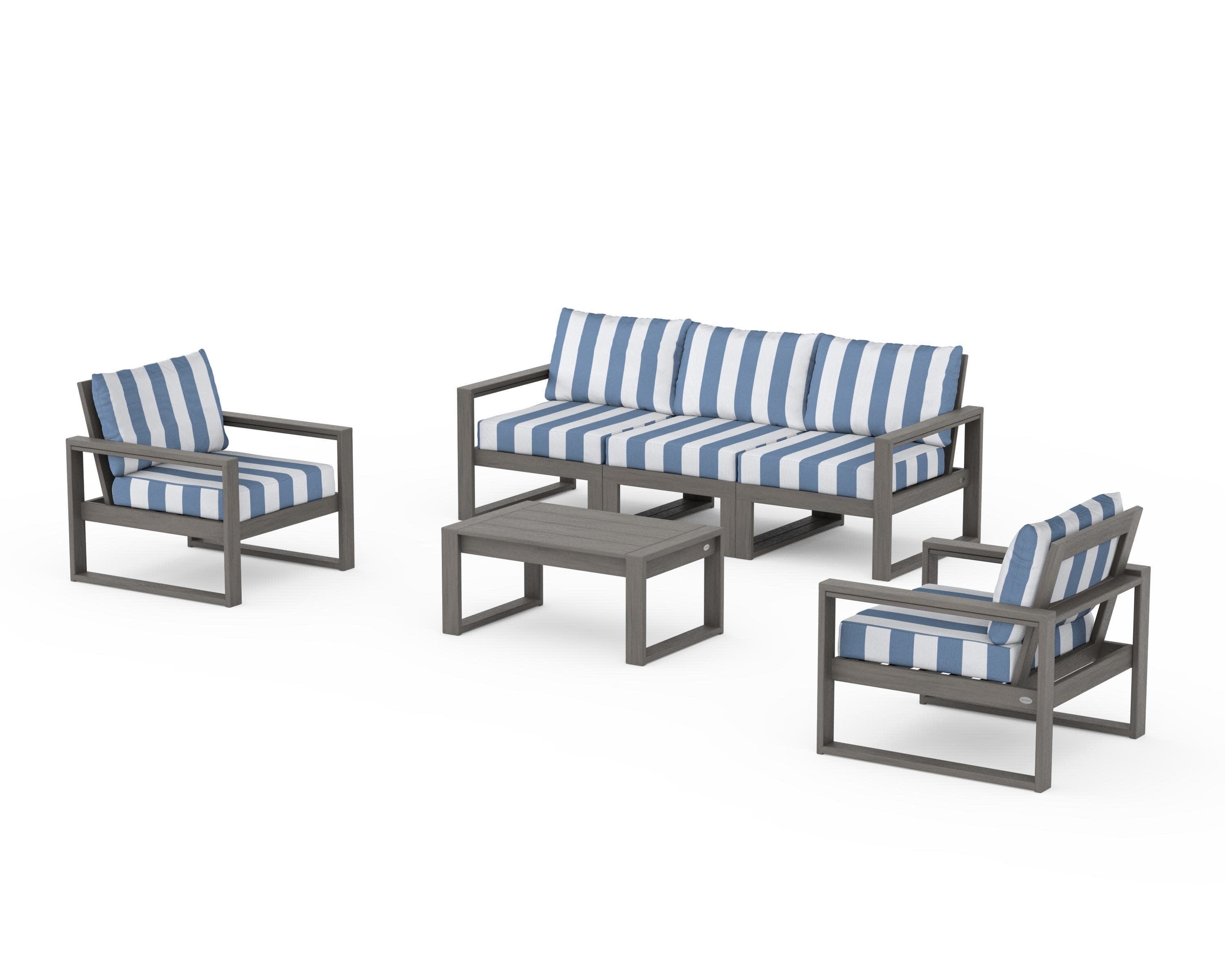 EDGE Sectional 4-Piece Deep Seating Set with Sofa in Driftwood / Cabana Stripe Sky Blue