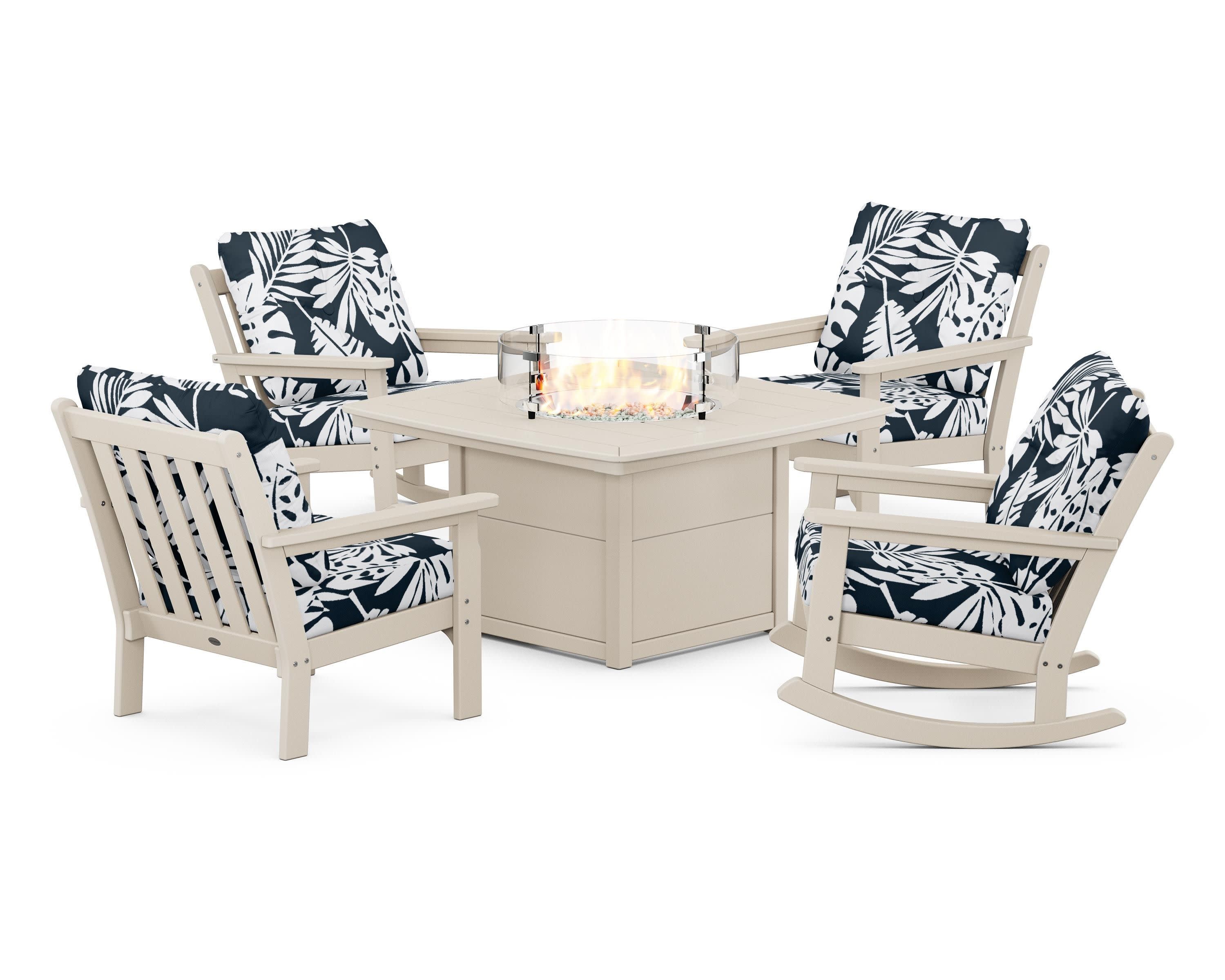 Vineyard 5-Piece Deep Seating Rocking Chair Conversation Set with Fire Pit Table in Sand / Leaf Marine Indigo