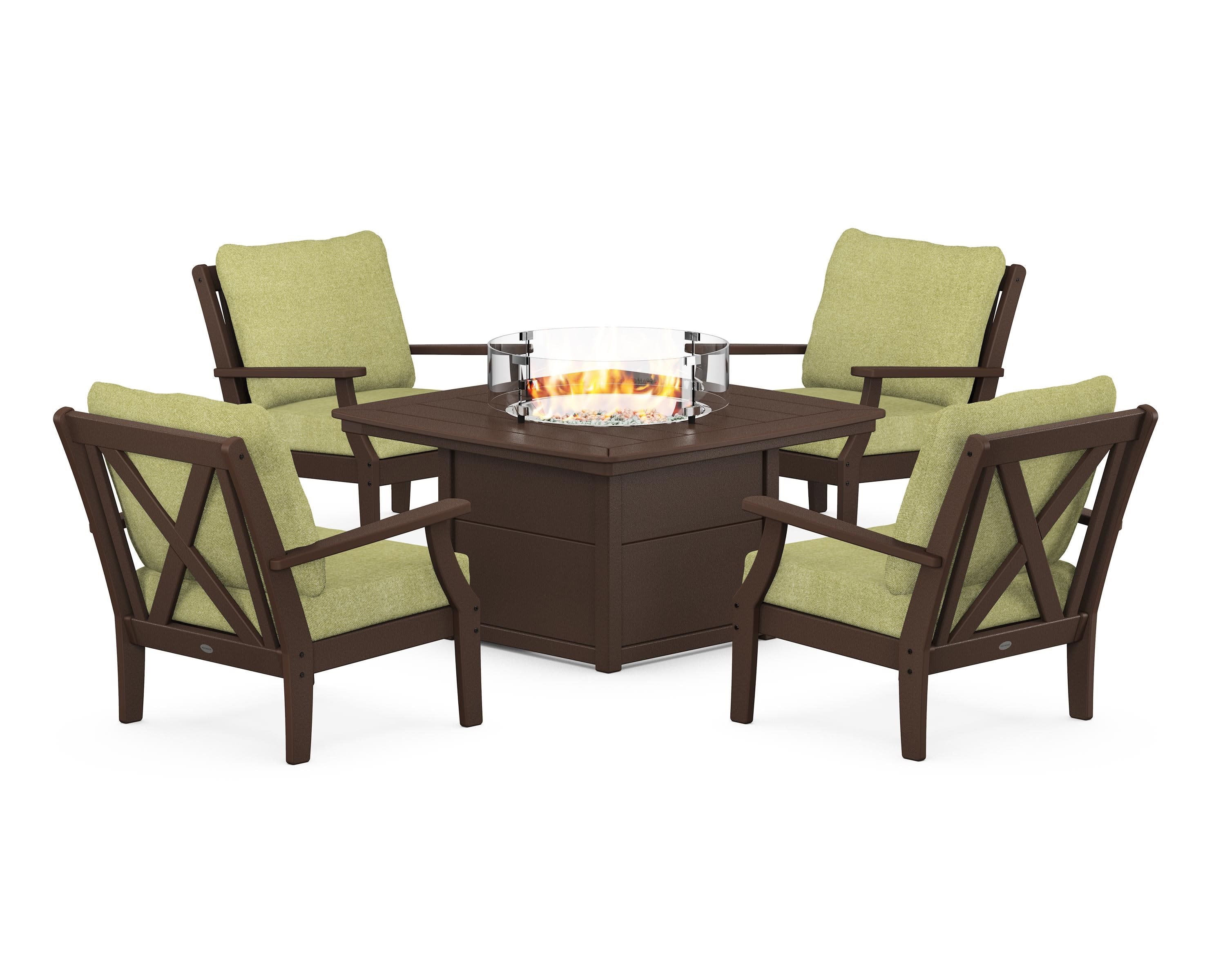 Braxton 5-Piece Deep Seating Conversation Set with Fire Pit Table in Mahogany / Chartreuse Boucle