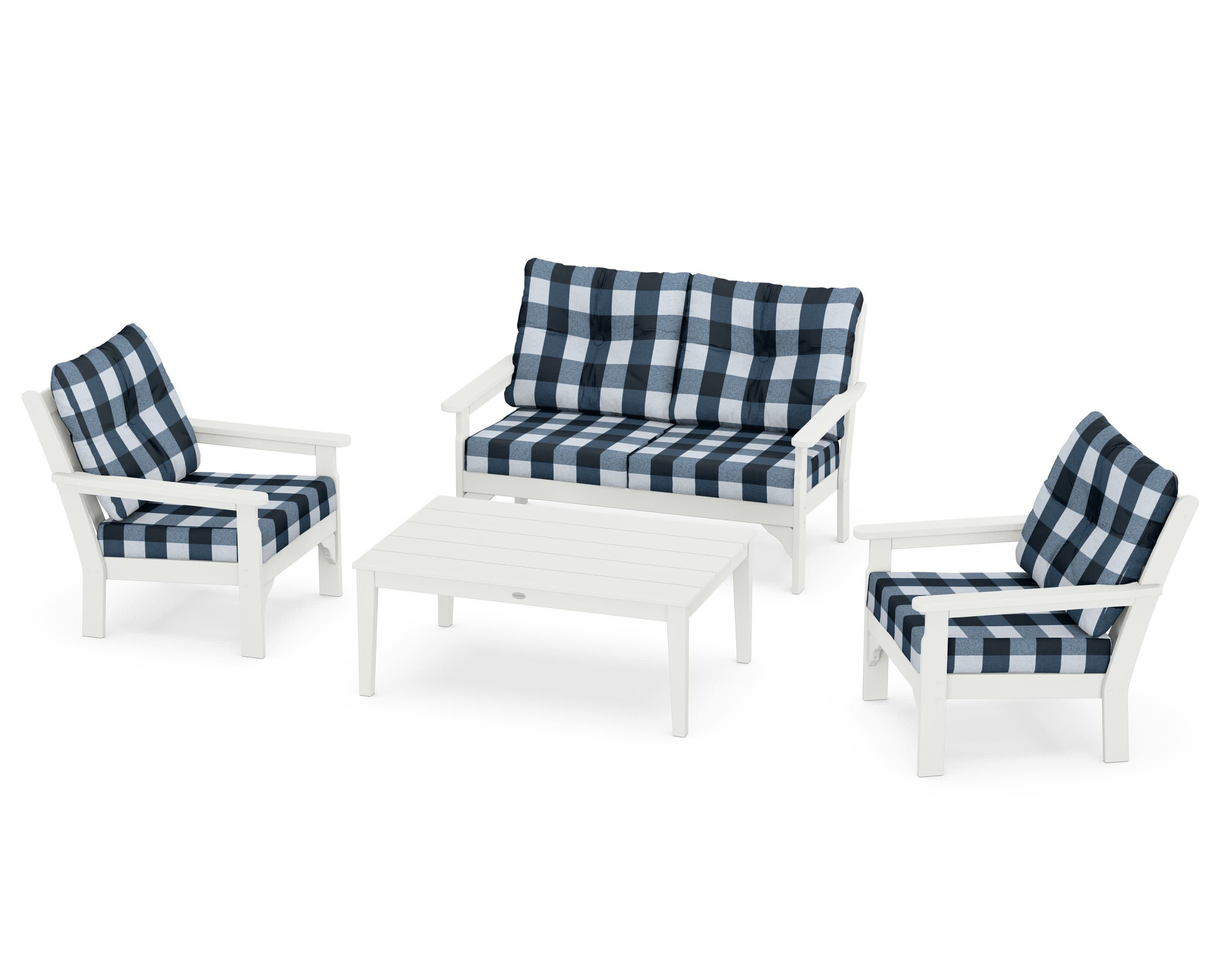 Vineyard 4-Piece Deep Seating Set in Vintage White / Buffalo Plaid Marine Indigo
