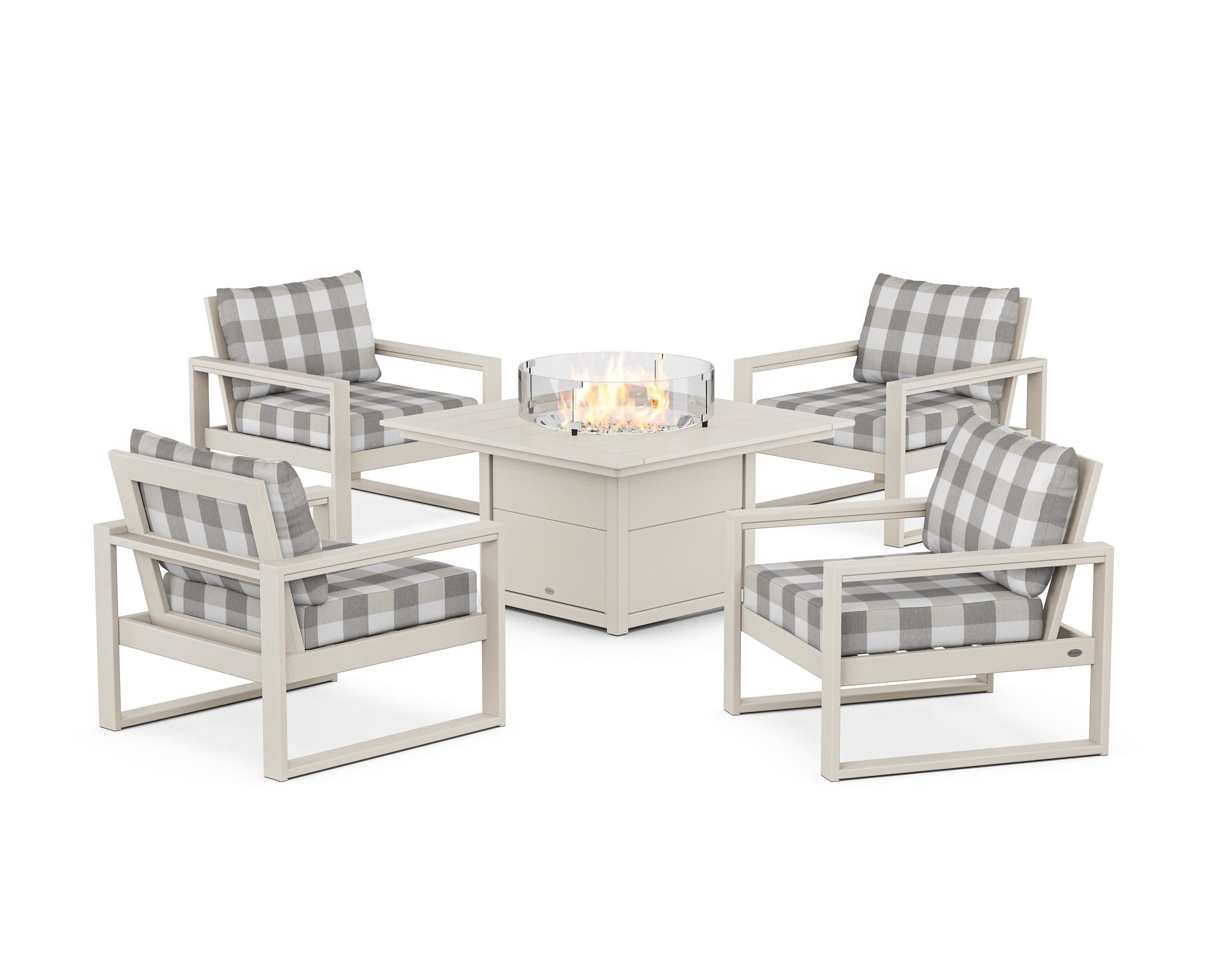 EDGE Sectional 5-Piece Deep Seating Set with Fire Pit Table in Sand / Buffalo Plaid Grey Mist