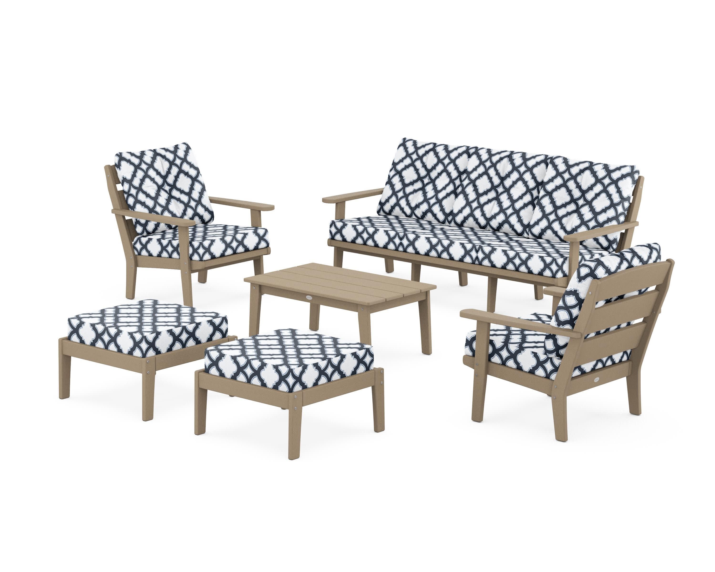 Lakeside 6-Piece Lounge Sofa Set in Vintage Sahara / Trellis Marine Indigo