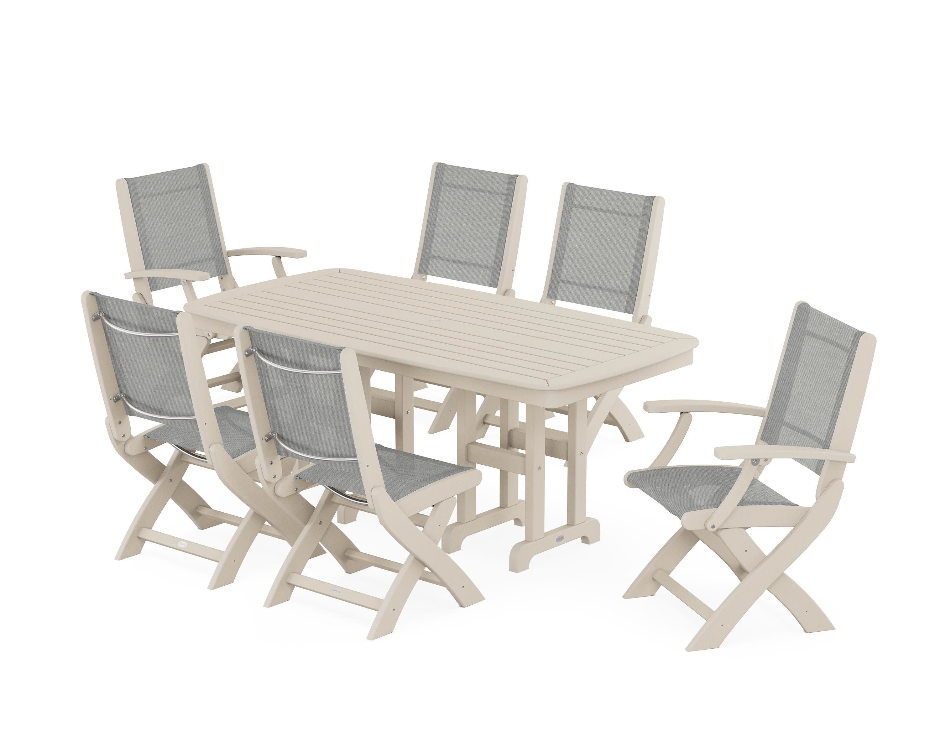 Coastal Folding Chair 7-Piece Dining Set in Sand / Metallic Sling