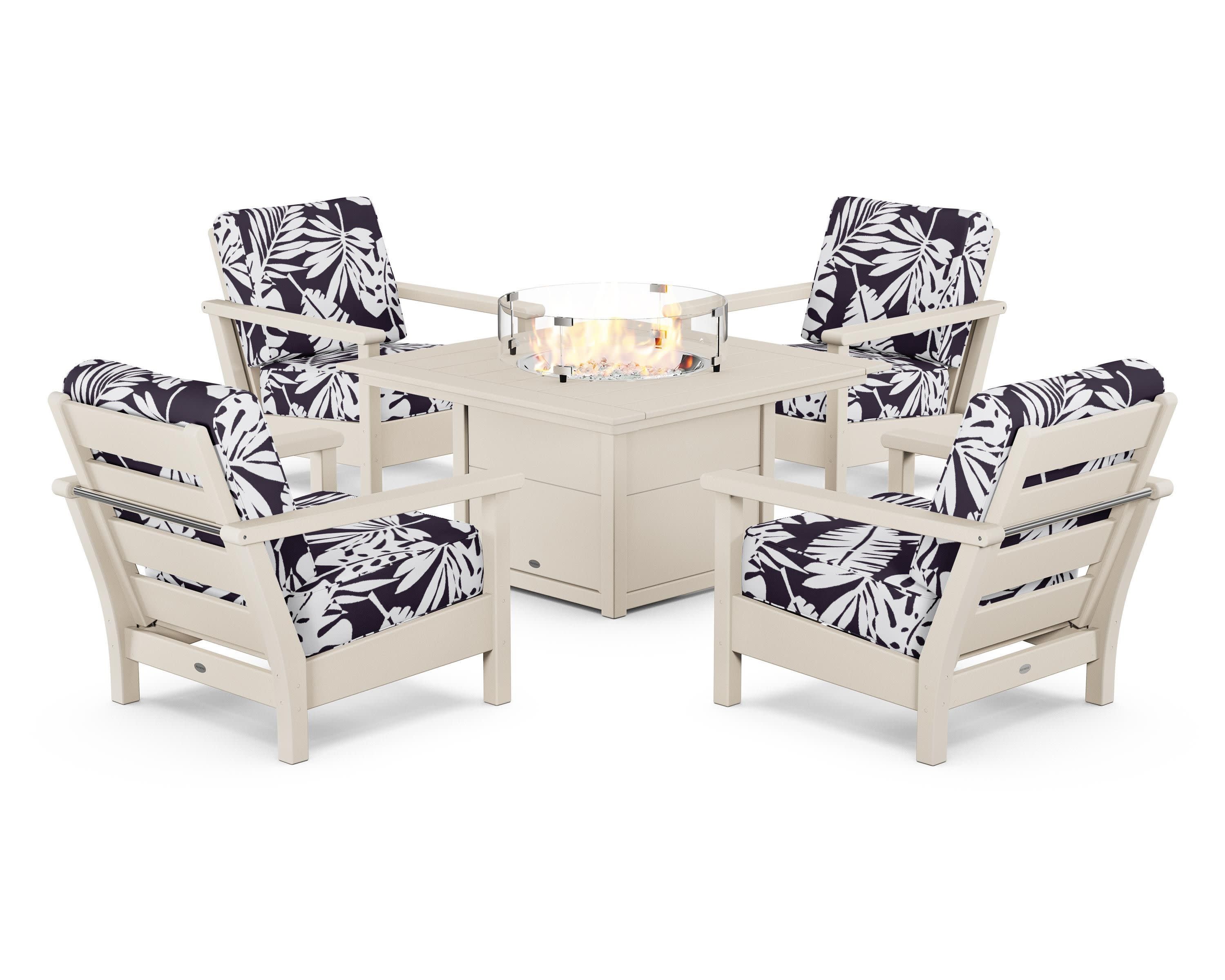 Harbour 5-Piece Conversation Set with Fire Pit Table in Sand / Leaf Navy