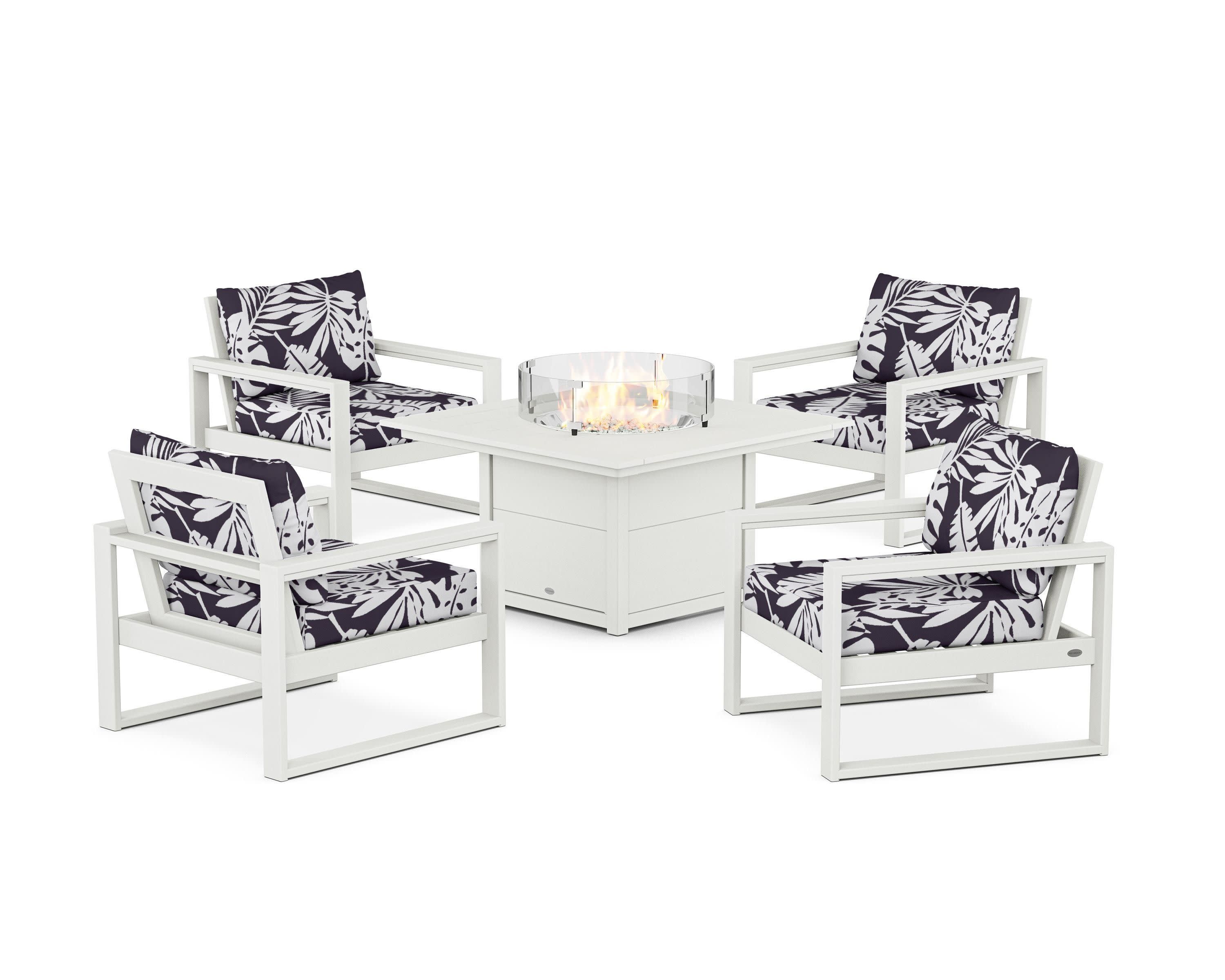 EDGE Sectional 5-Piece Deep Seating Set with Fire Pit Table in Vintage White / Leaf Navy