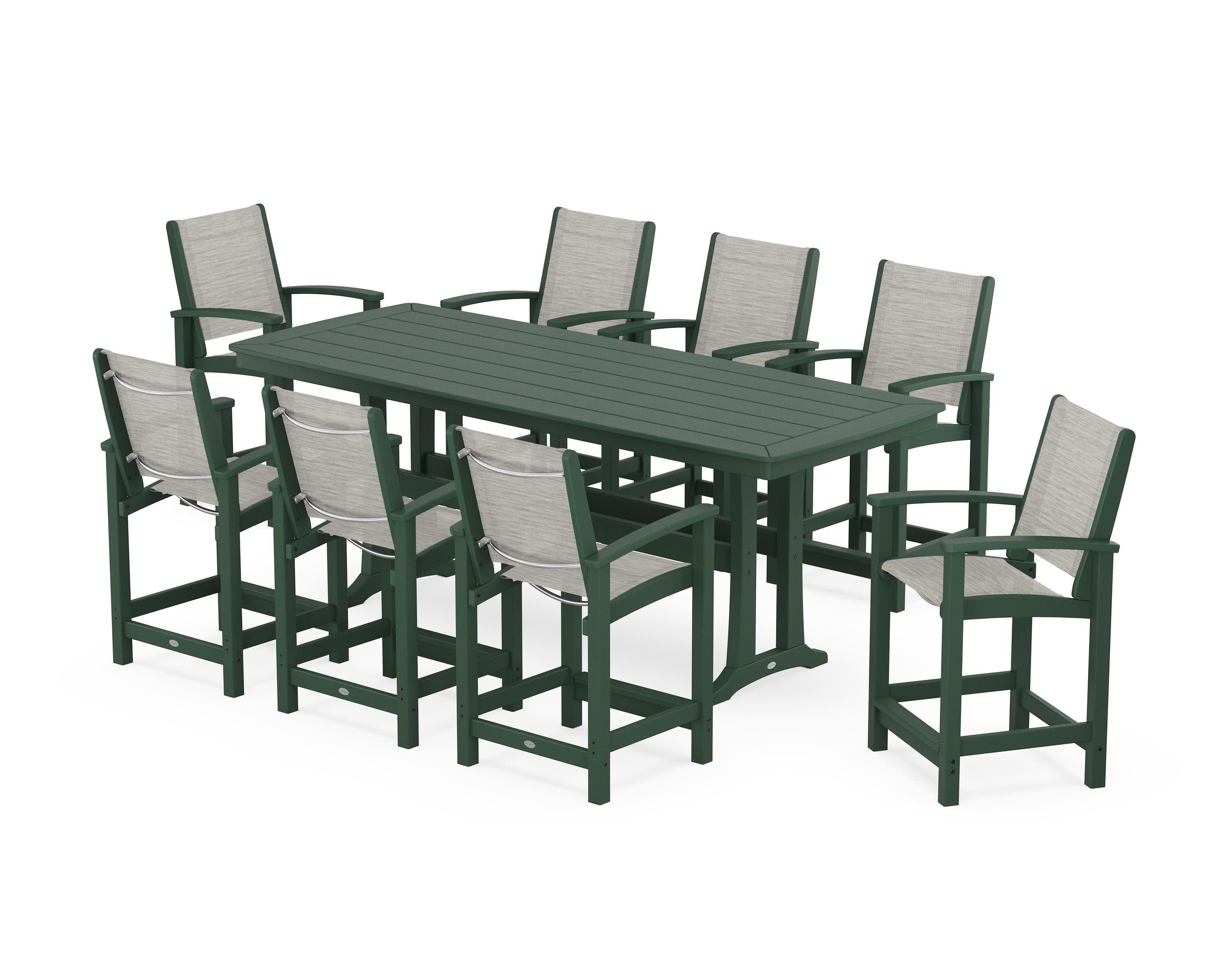 Coastal 9-Piece Counter Set with Trestle Legs in Green / Birch Sling