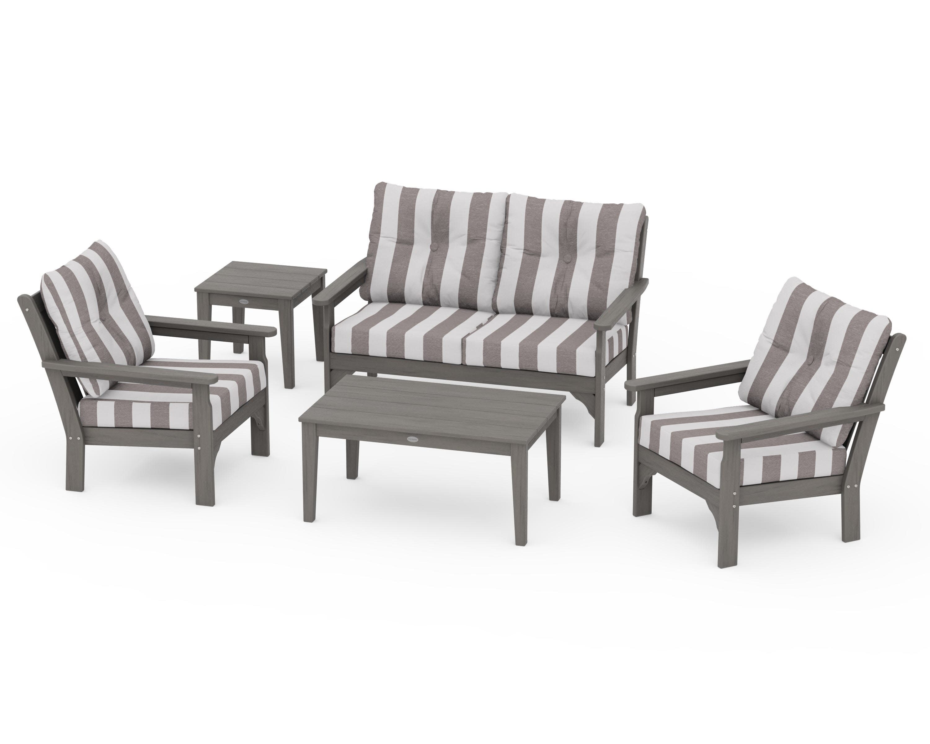 Vineyard 5-Piece Deep Seating Set in Driftwood / Cabana Stripe Grey Mist