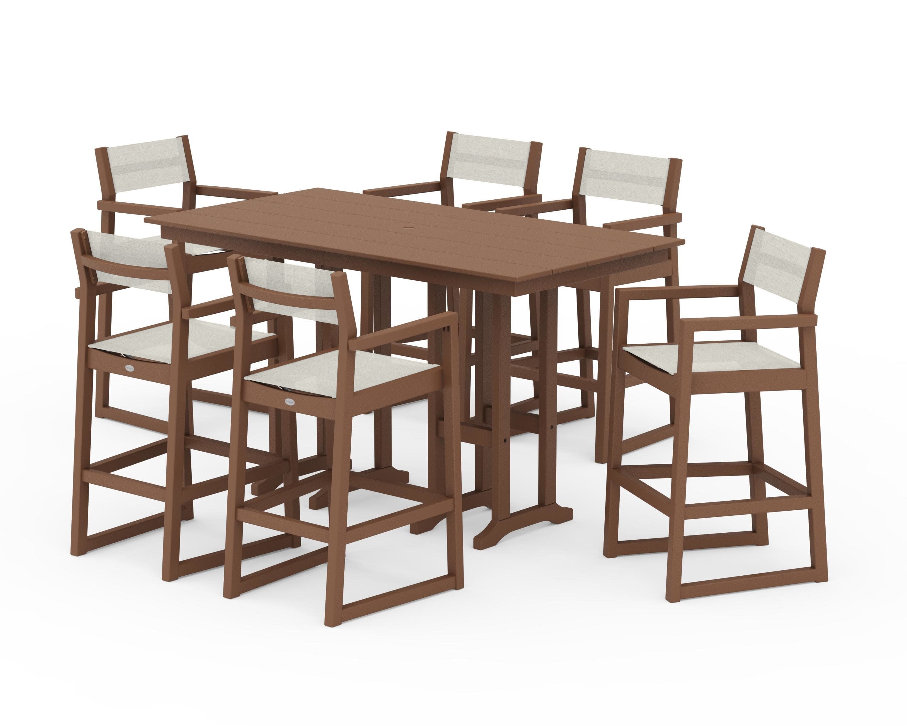 EDGE Sling Arm Chair 7-Piece Farmhouse Bar Set in Teak / Parchment Sling