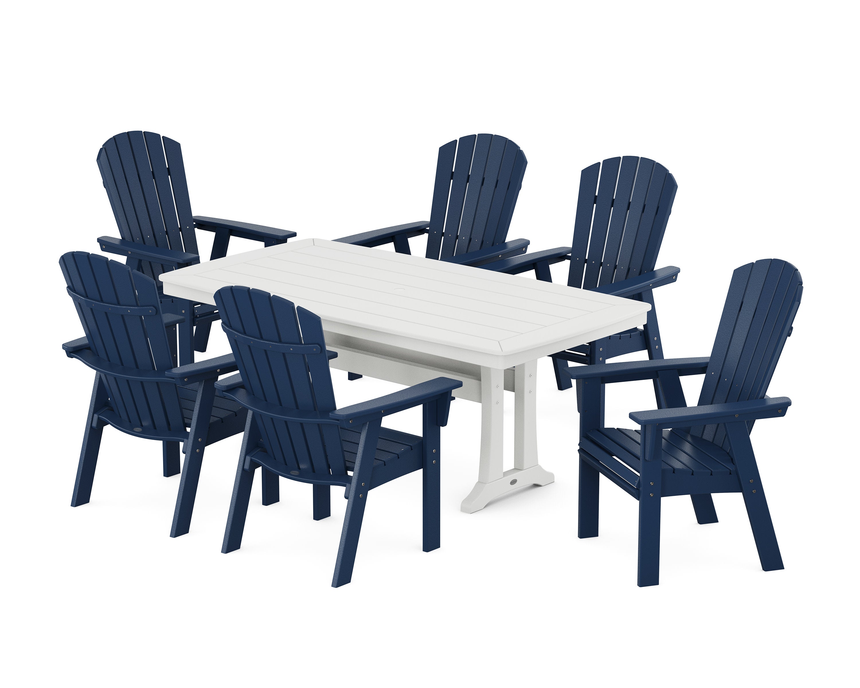 Nautical Curveback Adirondack 7-Piece Dining Set with Trestle Legs in Navy / White