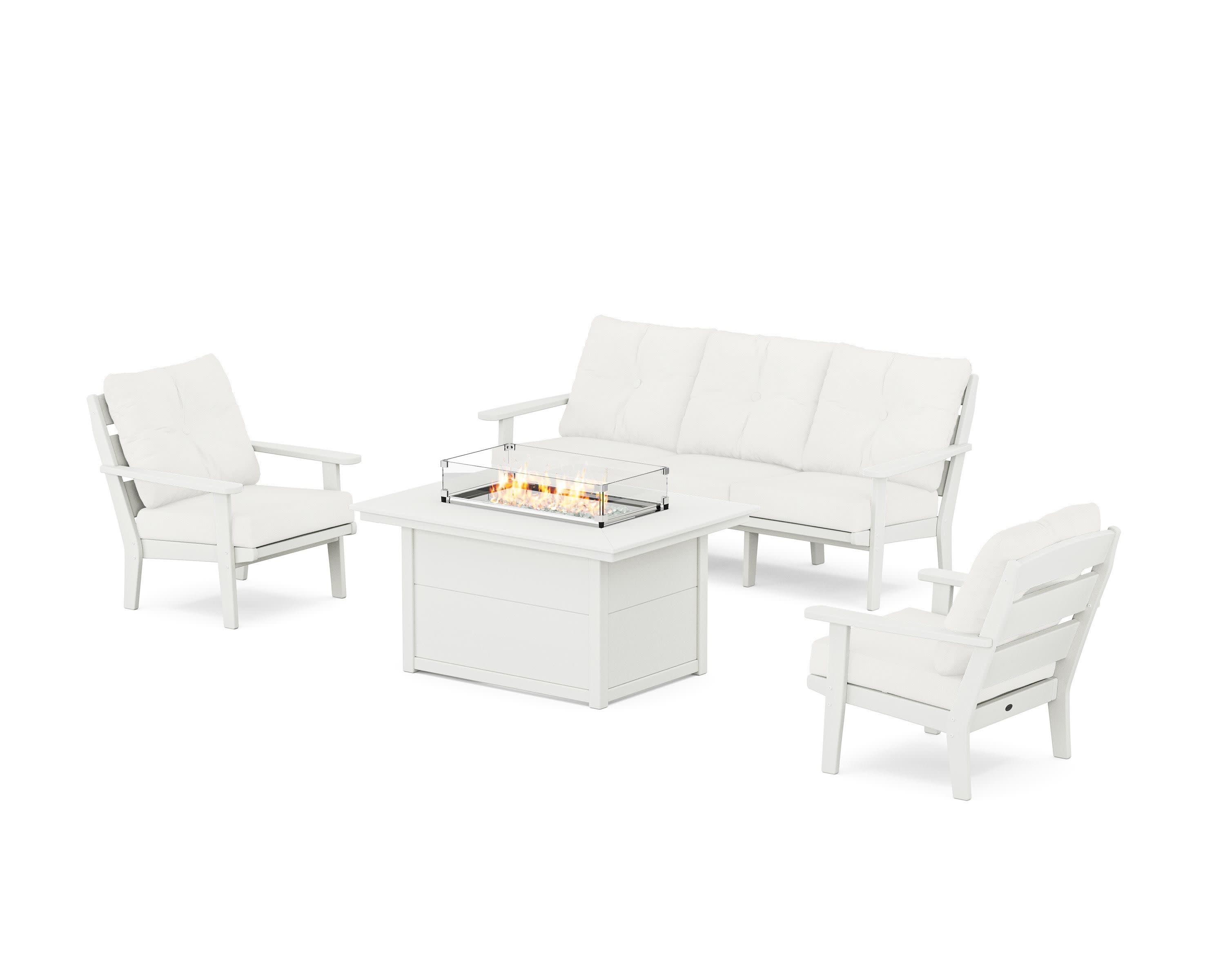 Lakeside Deep Seating Fire Pit Table Set in Vintage White / Natural Linen