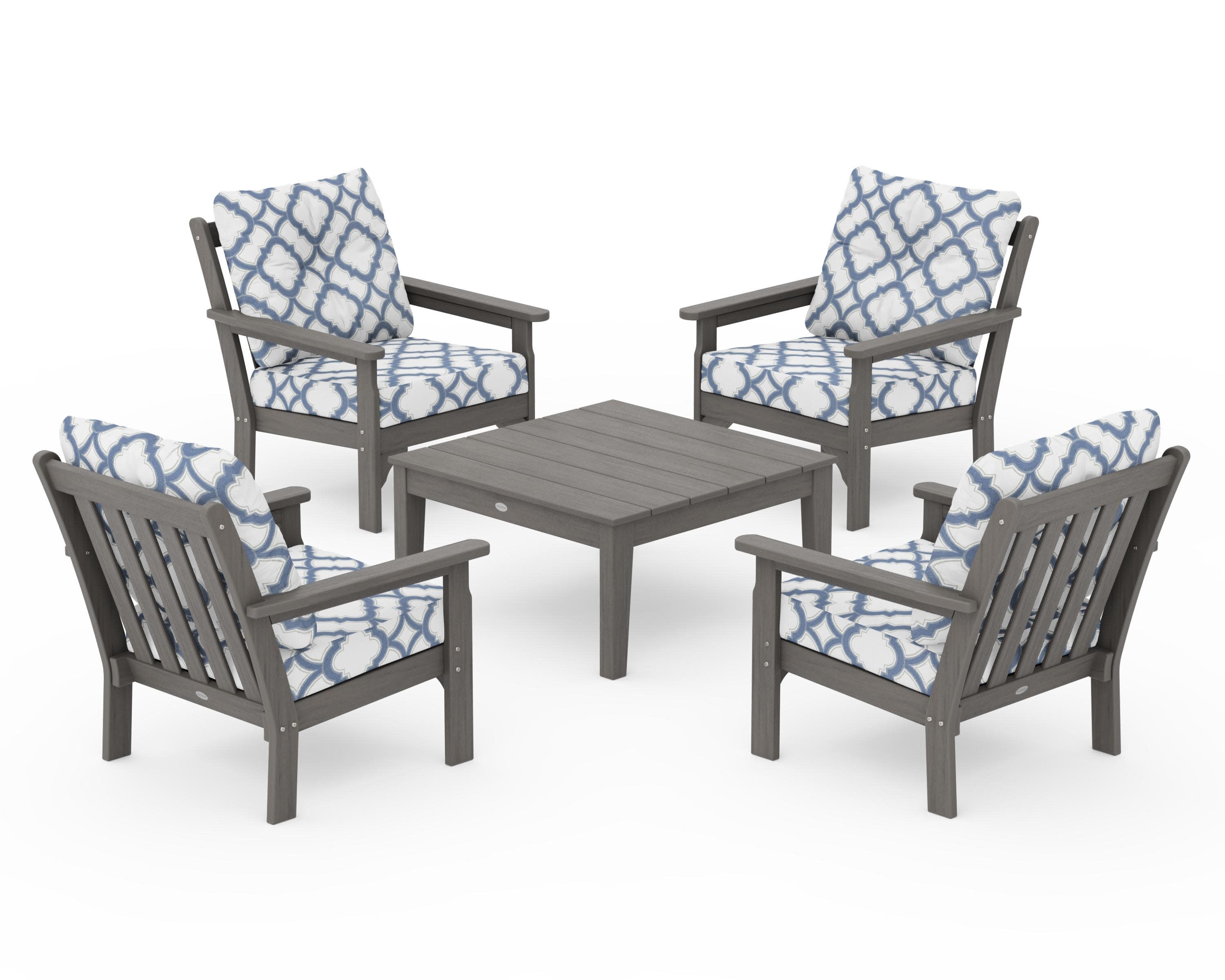 Vineyard 5-Piece Deep Seating Conversation Set in Driftwood / Trellis Sky Blue